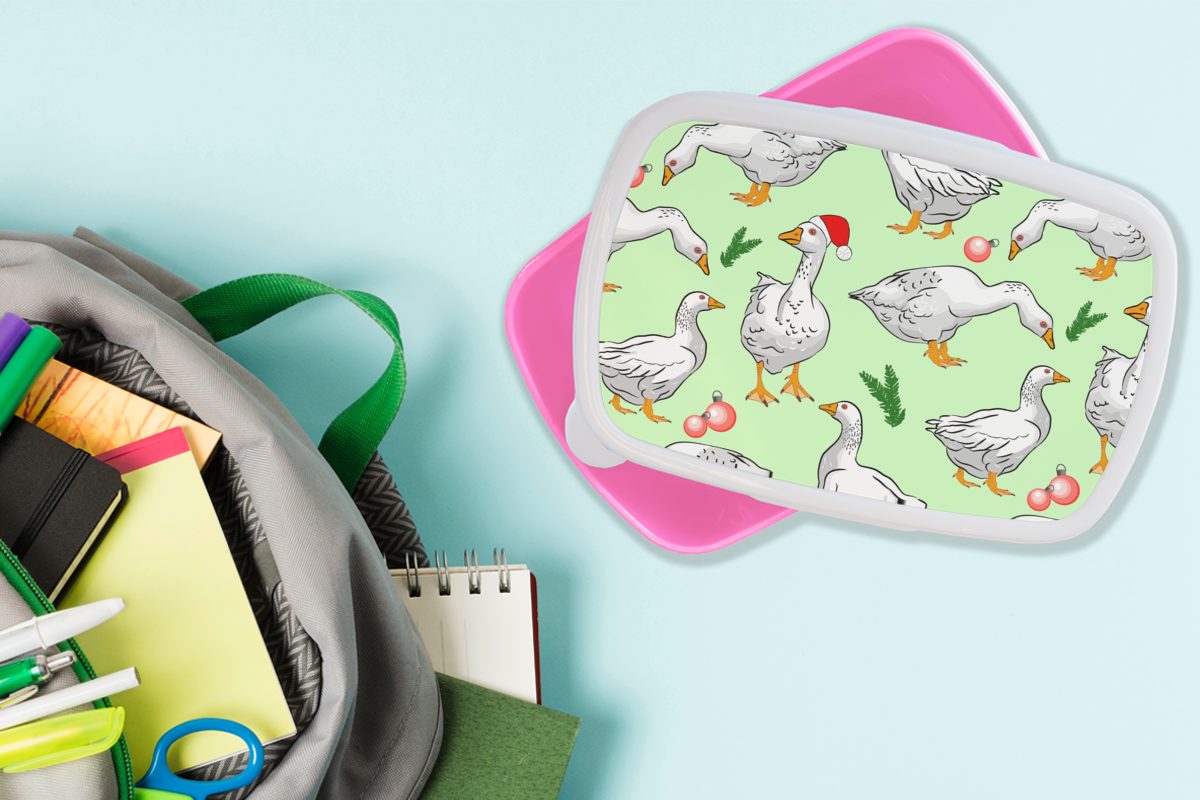 Lunchbox Mädchen, Brotdose rosa Gans Muster, Kinder, Kunststoff, Brotbox Snackbox, - Kunststoff Erwachsene, MuchoWow für (2-tlg), - Weihnachten
