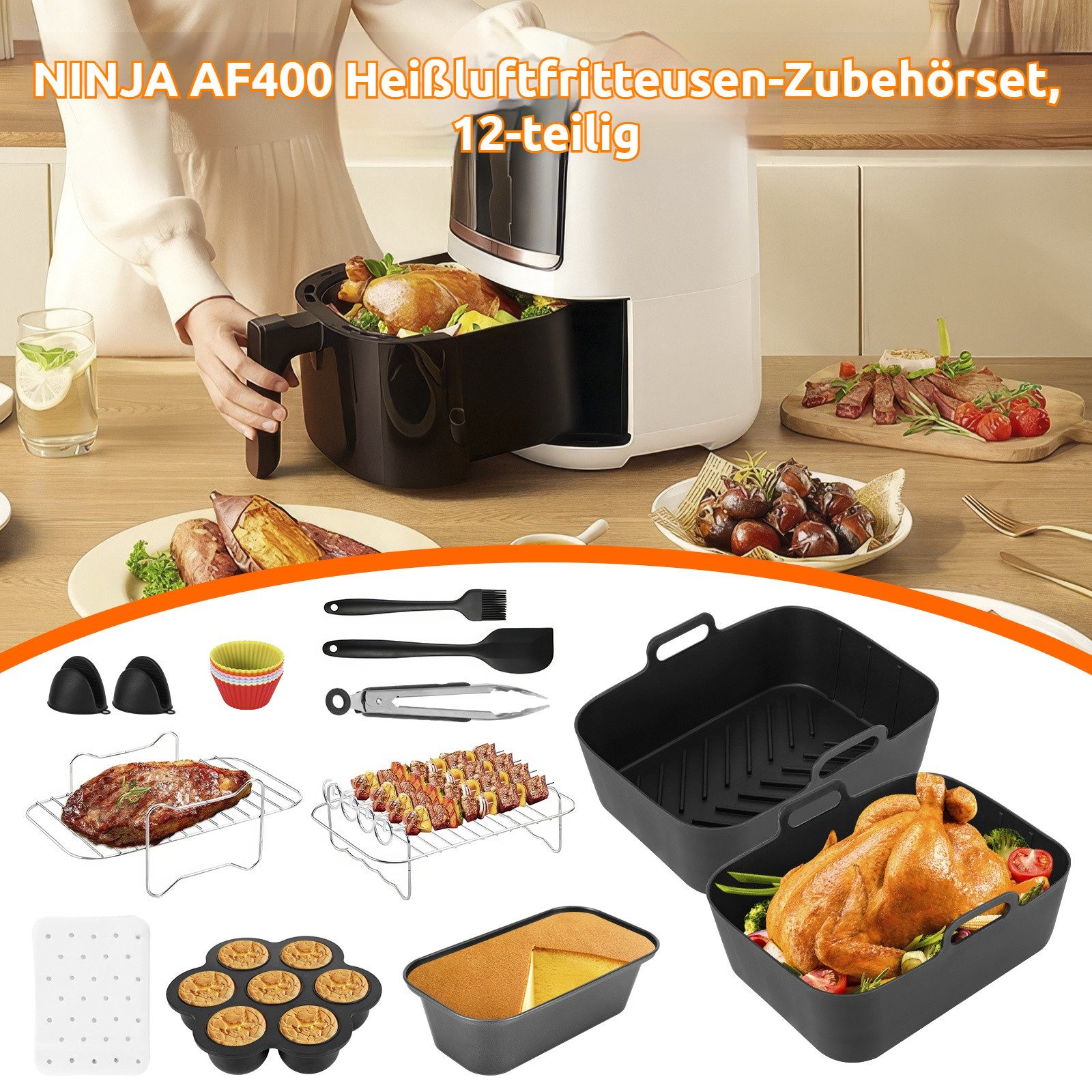 BlingBin Küchenmaschinen Zubehör-Set Heißluftfritteuse Zubehör für Ninja AF400EUAF300EU Foodi Max Dual Zone, Zubehör für AF400EU AF300EU, 7,6–9,5 L, Silikonform, Grillrost & Backform zur Kocherweiterung