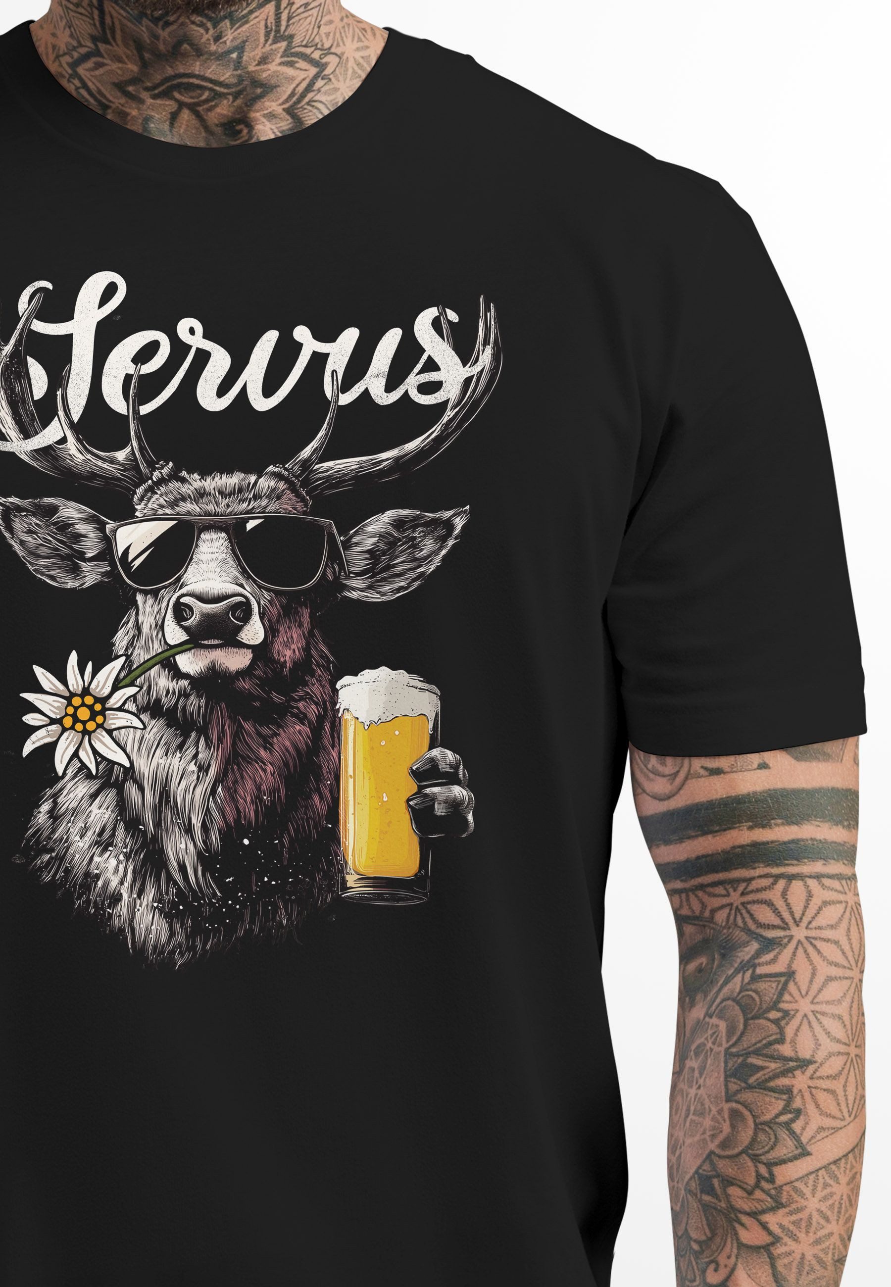 Neverless Print-Shirt Herren T-Shirt Hirsch Tracht Modern Lustig Volksfest Bayern Servus mit Print