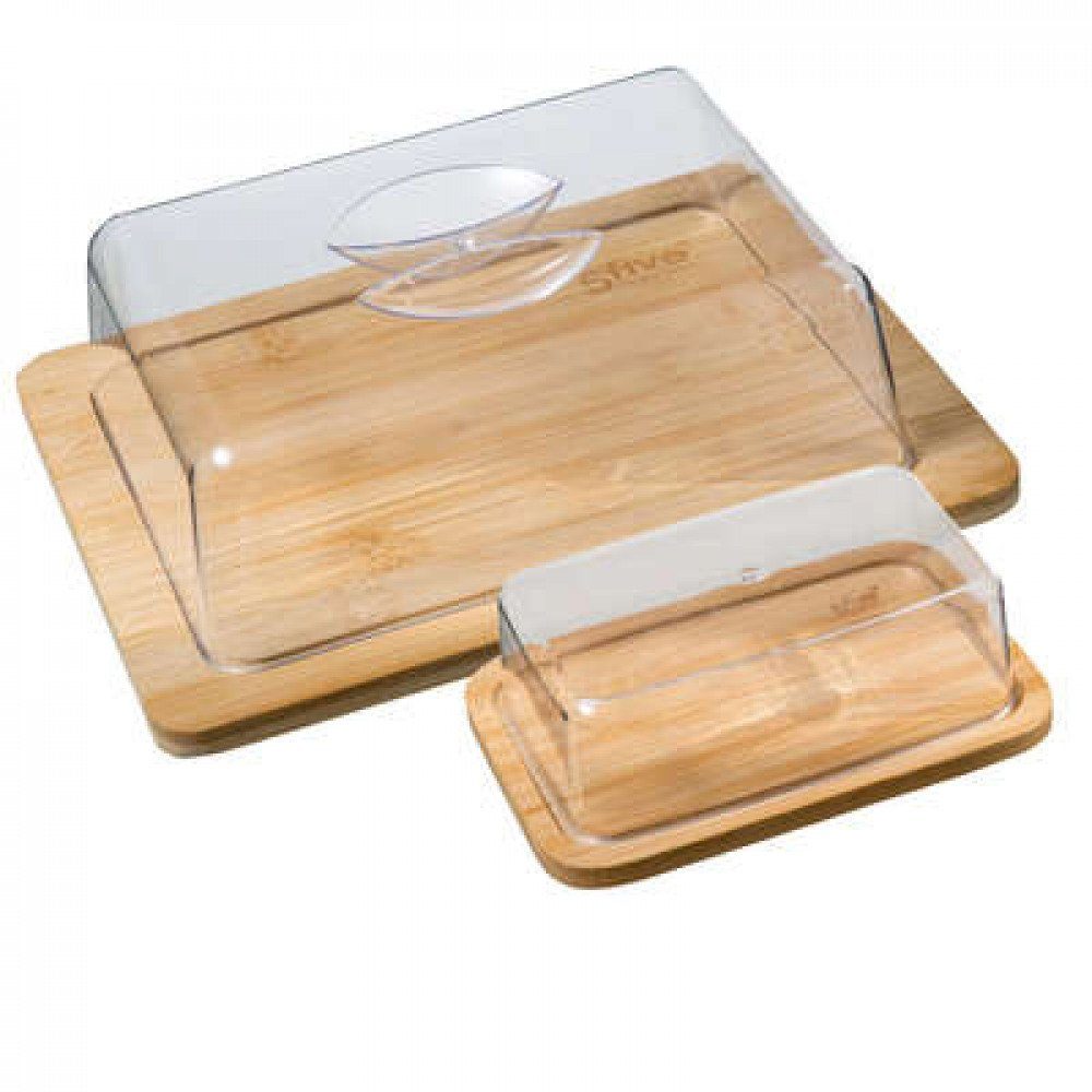 5five Simply Smart Käseglocke,(mit Butterdose, 2-tlg) Bambus-Holz Käse Aufbewahrung Aufschnitt Wurst Butter-Schale Tablett | Speiseglocken