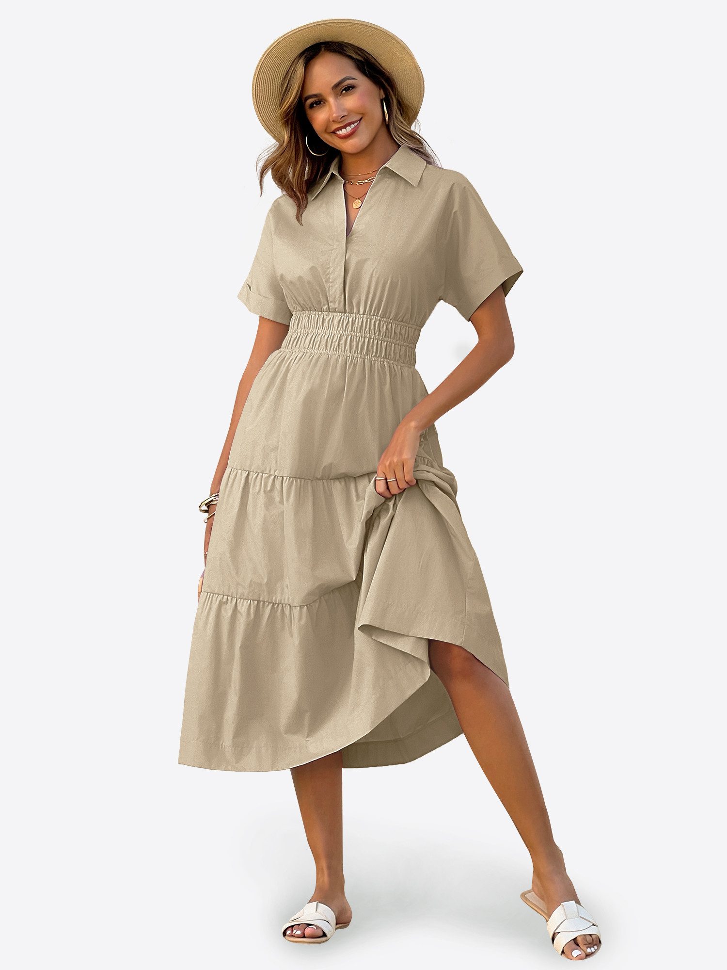 Imily Bela Maxikleid Damen Gerüschtes Fließendes Hemdkleid (Packung, 1-tlg., 1per-Pack) mit Taschen