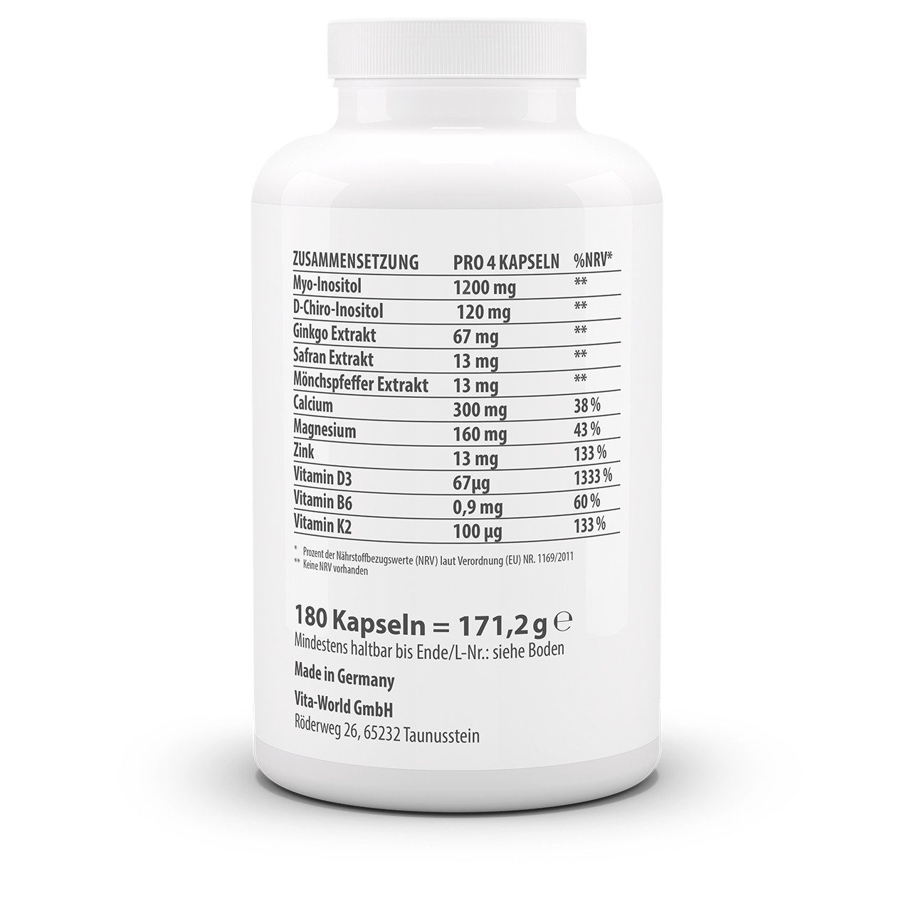 vitaworld Inositol Komplex - Myo+D-Chiro-Inositol plus Mönchspfeffer Kapseln, 180 St., 171.3 g