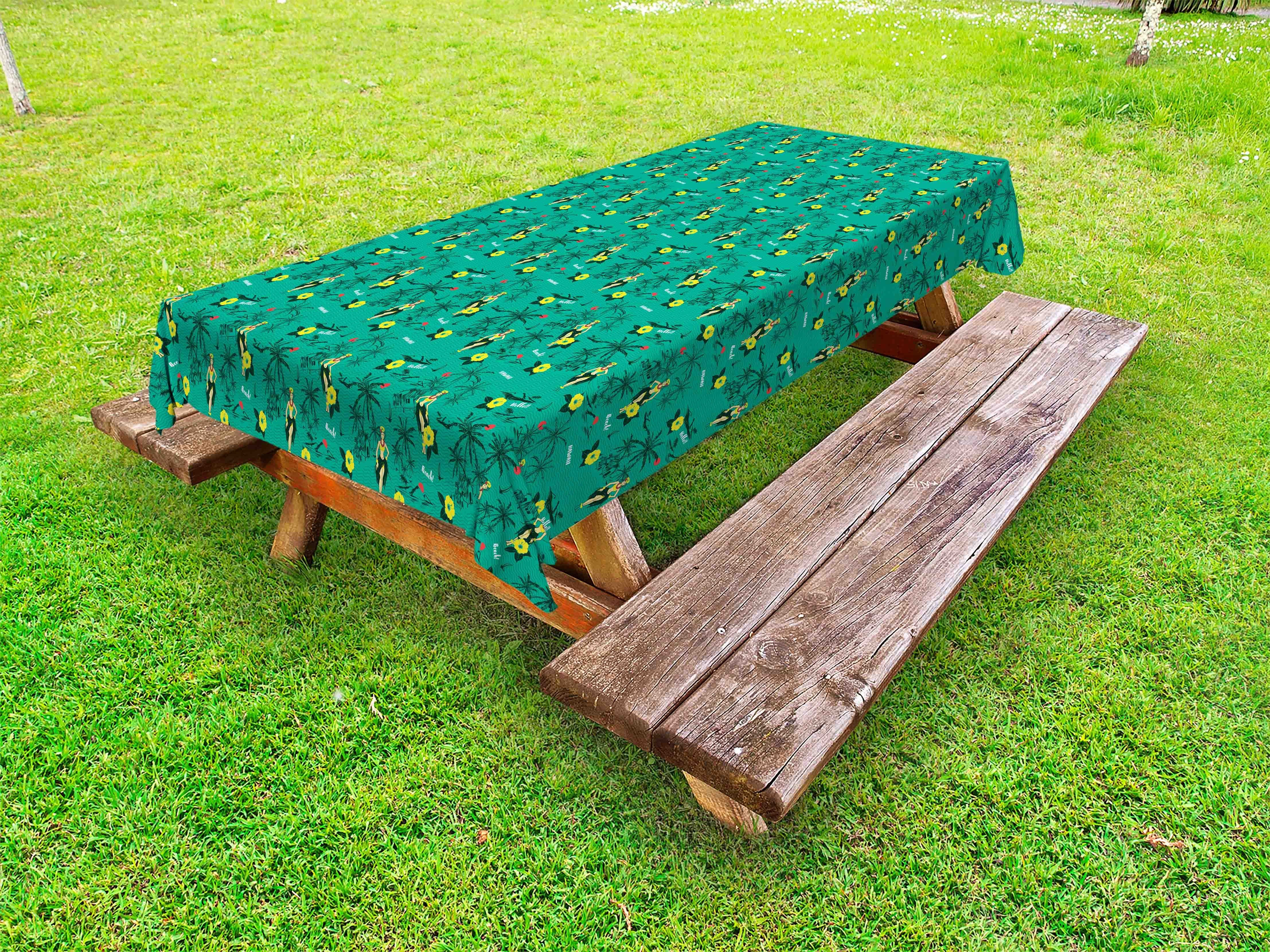 Abakuhaus Tischdecke dekorative waschbare Picknick-Tischdecke, hawaiisch Hula Mädchen Palms Segel