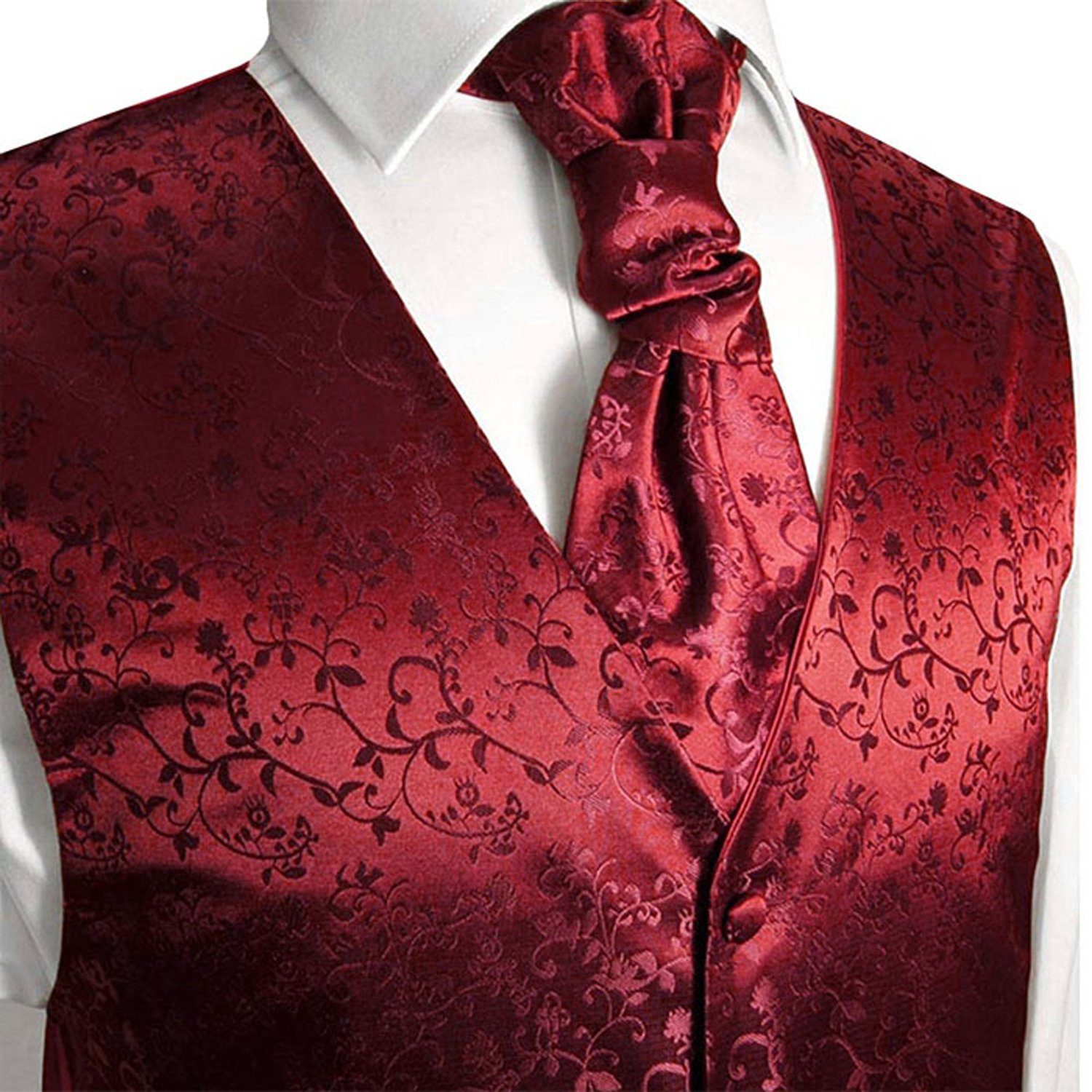 Paul Malone Anzugweste Herren Hochzeitsweste mit Plastron Set 2tlg floral - Bräutigam (Set, 2-tlg., mit Weste und Plastron) bordeaux rot V95, Gr. 48 (XS)