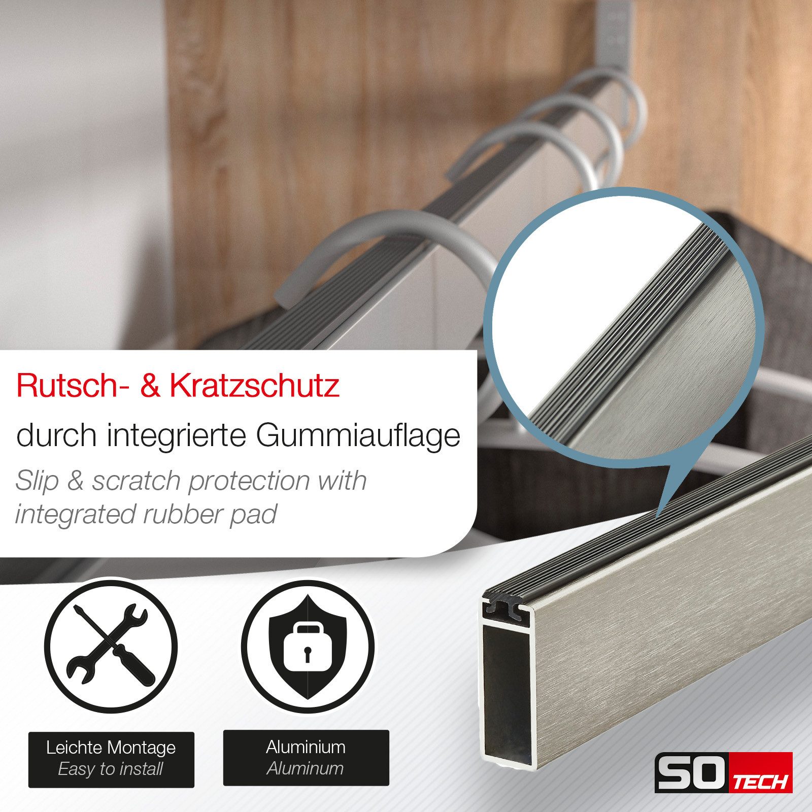 SO-TECH® Kleiderstange Garderobe Designer NANO Alu Schrankrohr Länge 1000 mm, Abmessungen 32,4x 12,2 mm, Edelstahloptik mit Gummiauflage