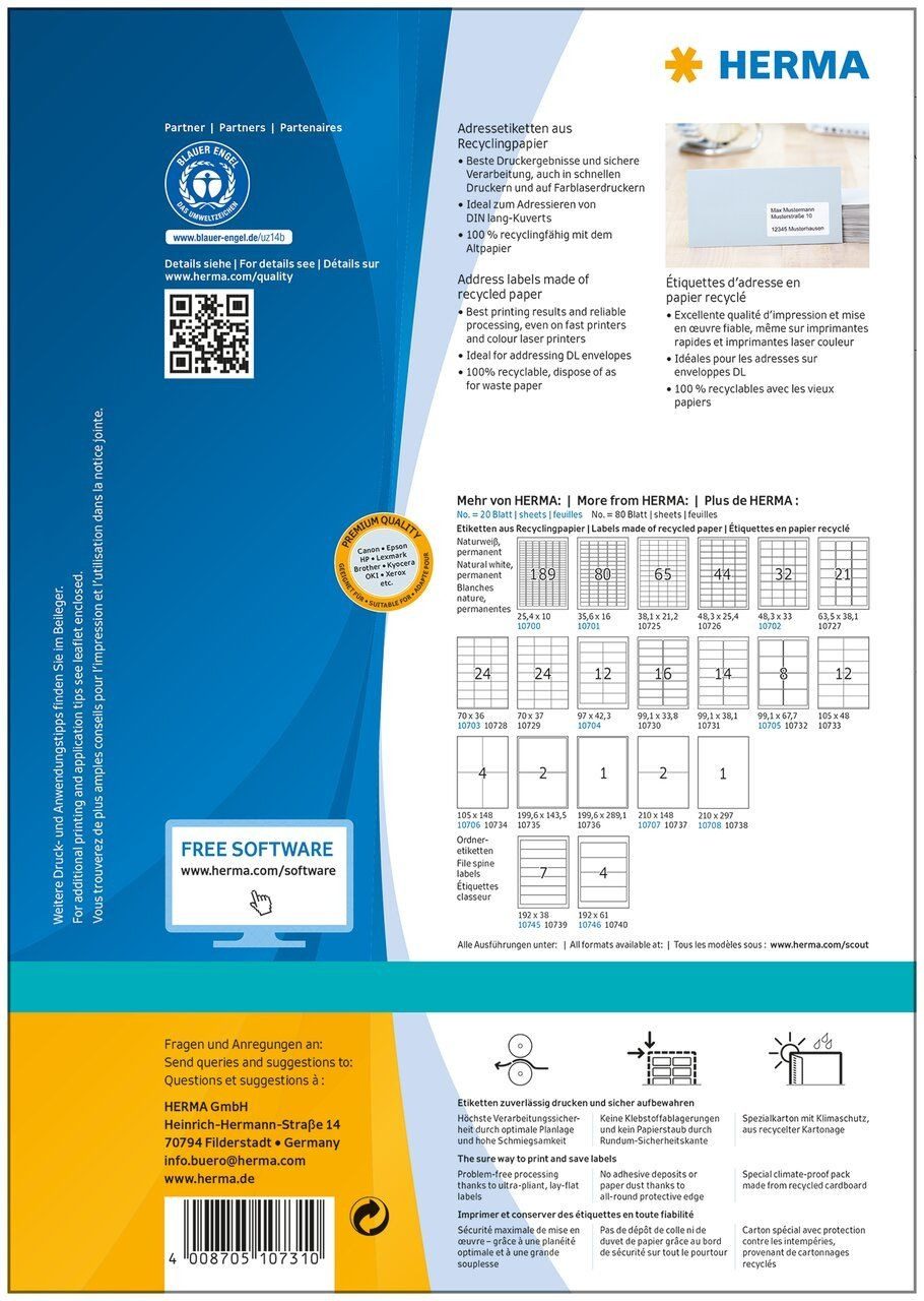 Thumbnail - HERMA Etiketten Etiketten 99,1x38,1mm naturweiß RC A4 VE=80 Blatt