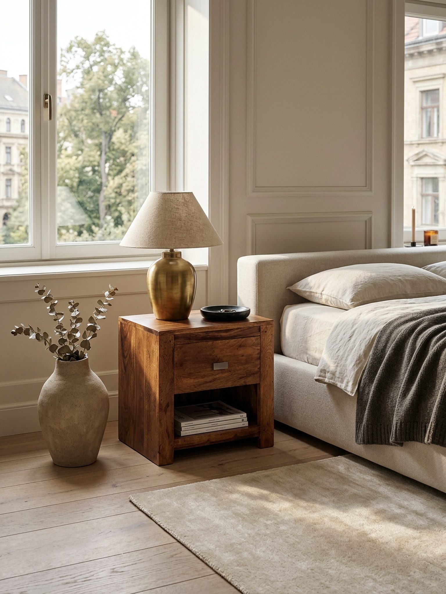 KADIMA DESIGN Nachttisch Nachttisch MUMBAI aus Massiv-Holz 40x40x30 cm Schlafzimmer Kommode (Nachtschrank Landhaus-Stil Echt-Holz), Nacht-Kommode braun mit 1 Schublade und 1 Ablagefach