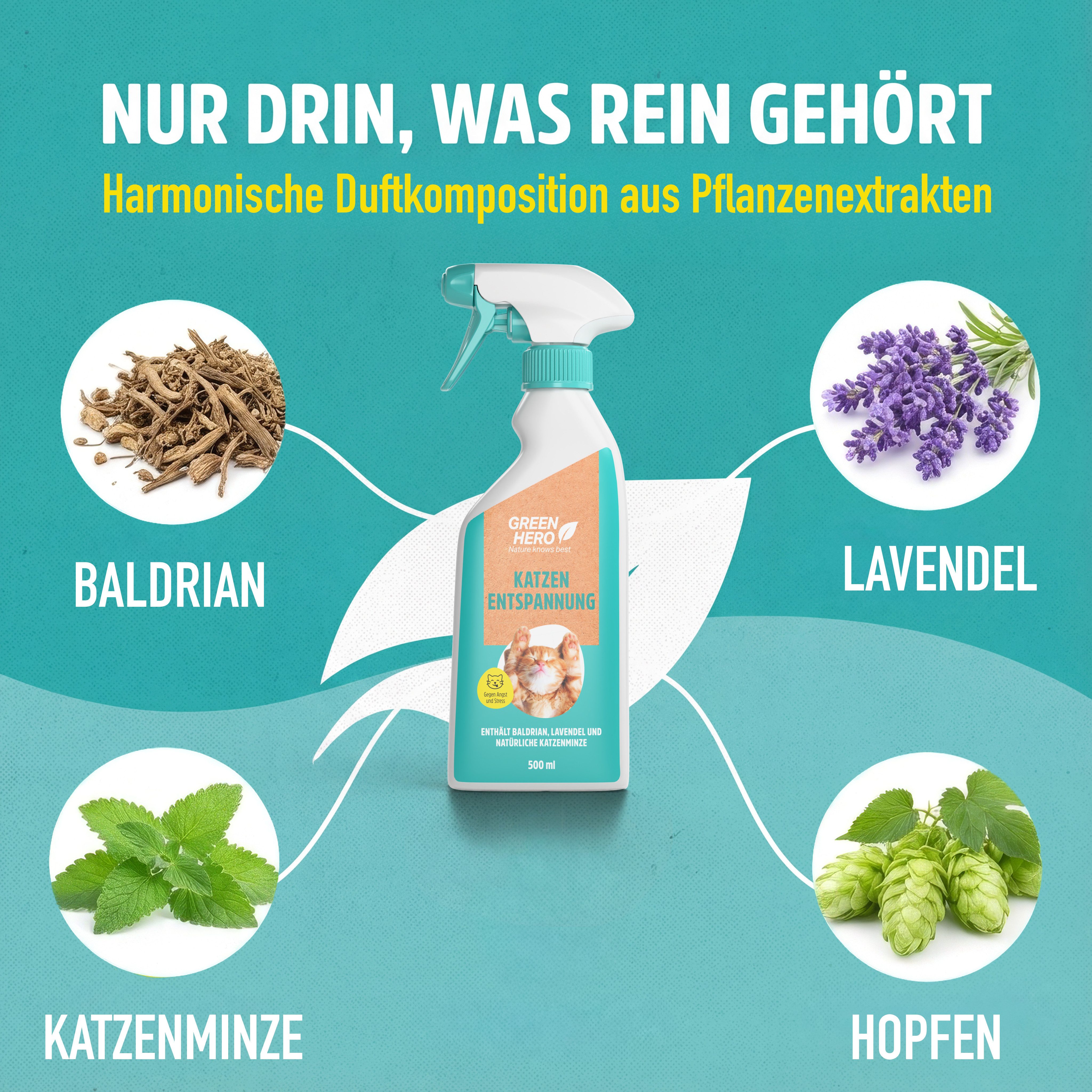 GreenHero Katzen-Spielspray Entspannungsspray für Katzen beruhigende Duftstoffe, natürliche Katzenminze, Baldrian, Lavendel für Wohlbefinden
