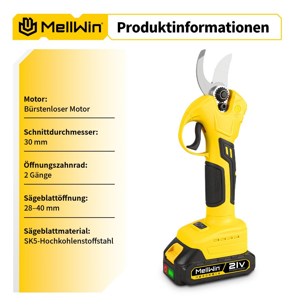 MELLWIN Akku-Astschere mit bürstenlosem Motor, 30 mm maximaler Schnittdurchmesser, SK5-Klinge & 2x 2,0 Ah Akkus für Obstbäume und Garten