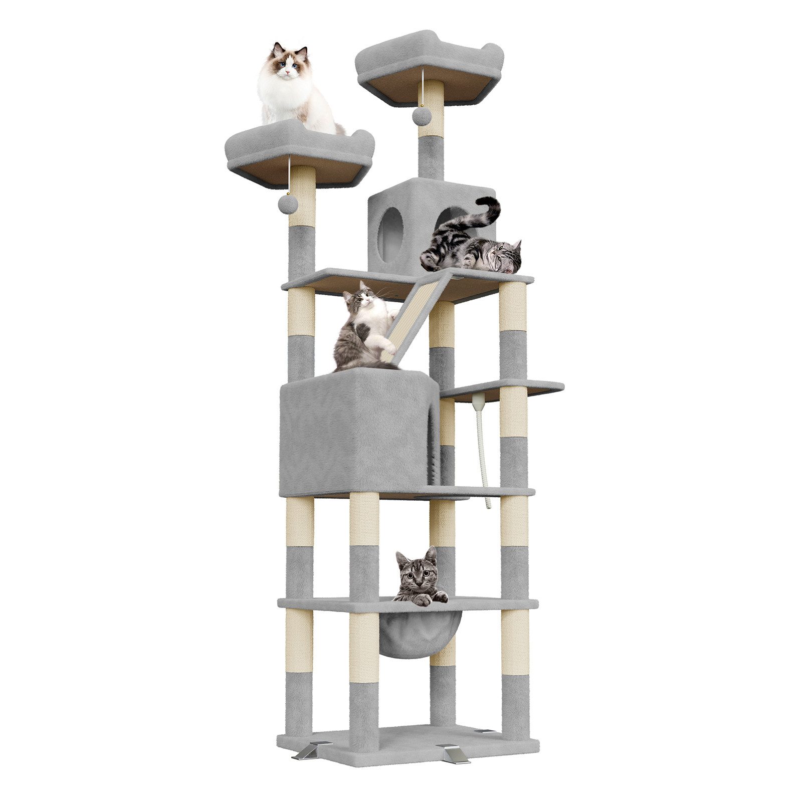 Dogat Kratzbaum Kratzbaum, Katzenbaum für große Katzen, mit Kletterturm 208cm, mehrstöckiger Katzenbaum, 208cm Höhe, XXL, mit Höhlen und Liegemulden