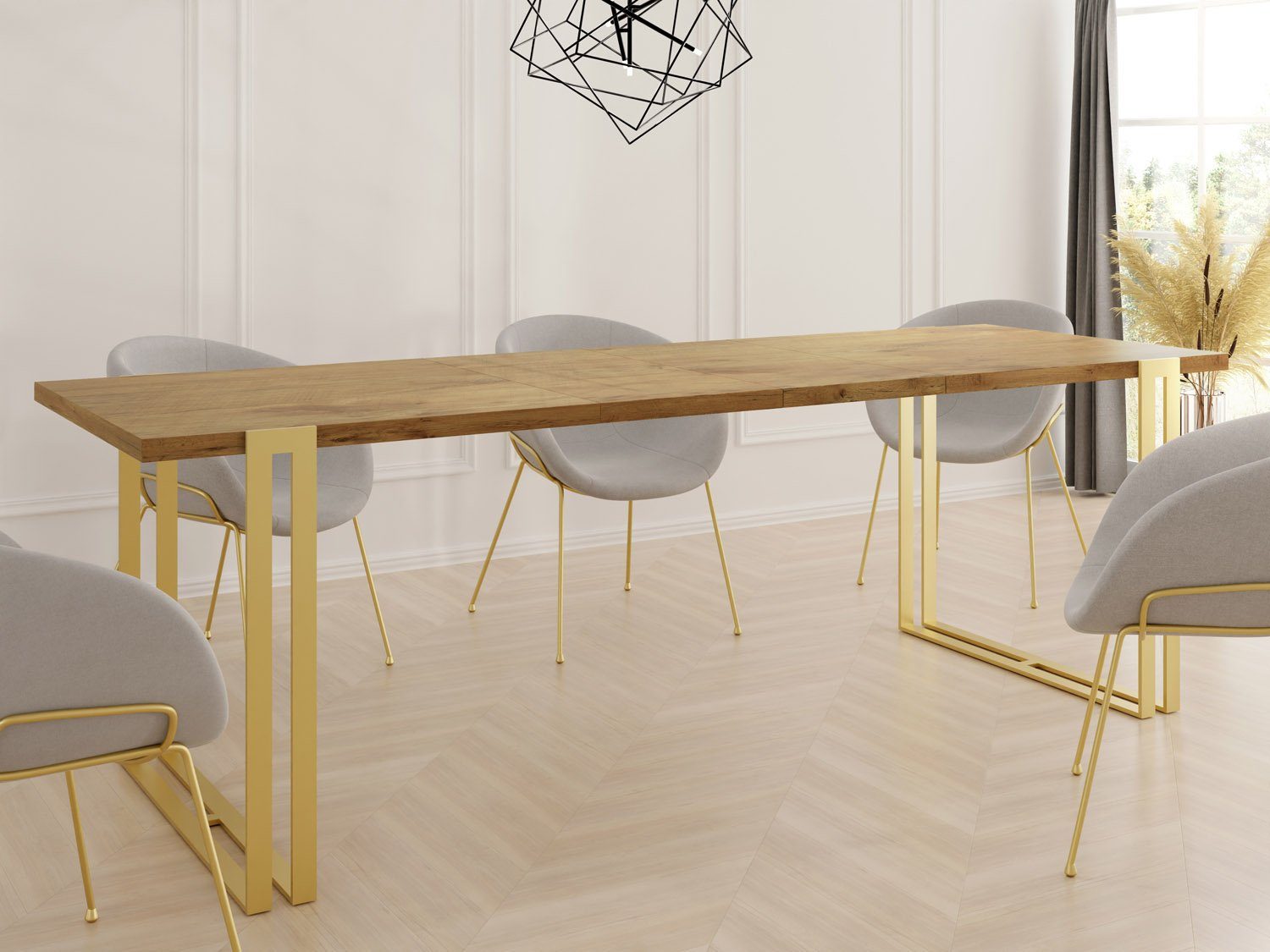 Tisch WFL Esstisch Lancelot Glamour mit Gold, Metallbeinen im Loft-Stil Ausziehbar GROUP Eiche Marco