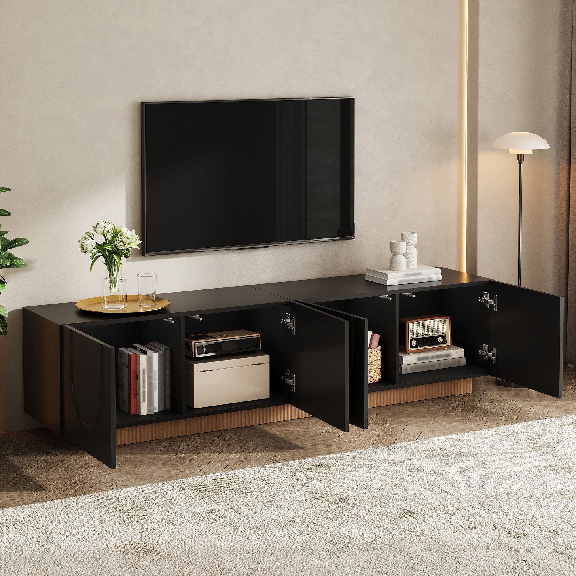 Merax Lowboard mit 4 Türen, Stauraum, Kabelöffnung & gedämpften Scharnieren (1 St), TV-Schrank Fernsehtisch mit Bogenfront Design, 170x38x42cm