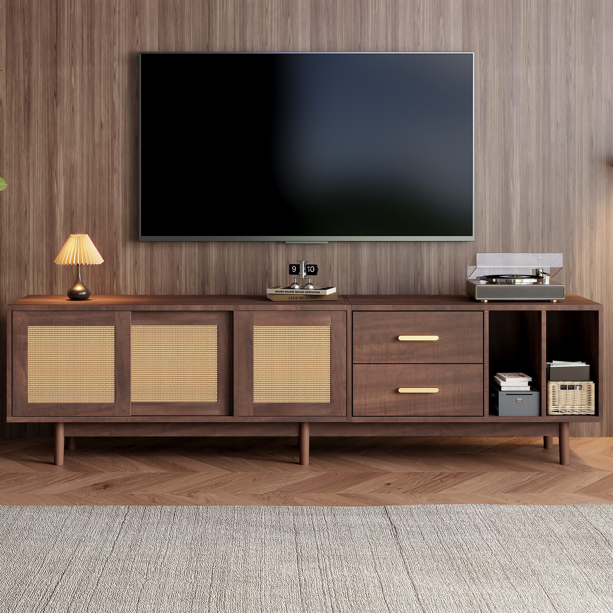 Merax Lowboard Rattan Fernsehtisch (1 St), TV-Schrank mit Rattan-Schiebetüren,Schubladen & 6 Holzbeinen,B:190cm