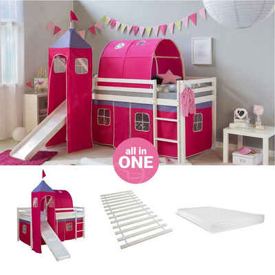 Homestyle4u Hochbett Kinderbett mit Matratze Rutsche Turm Pink Tunnel 90x200 cm