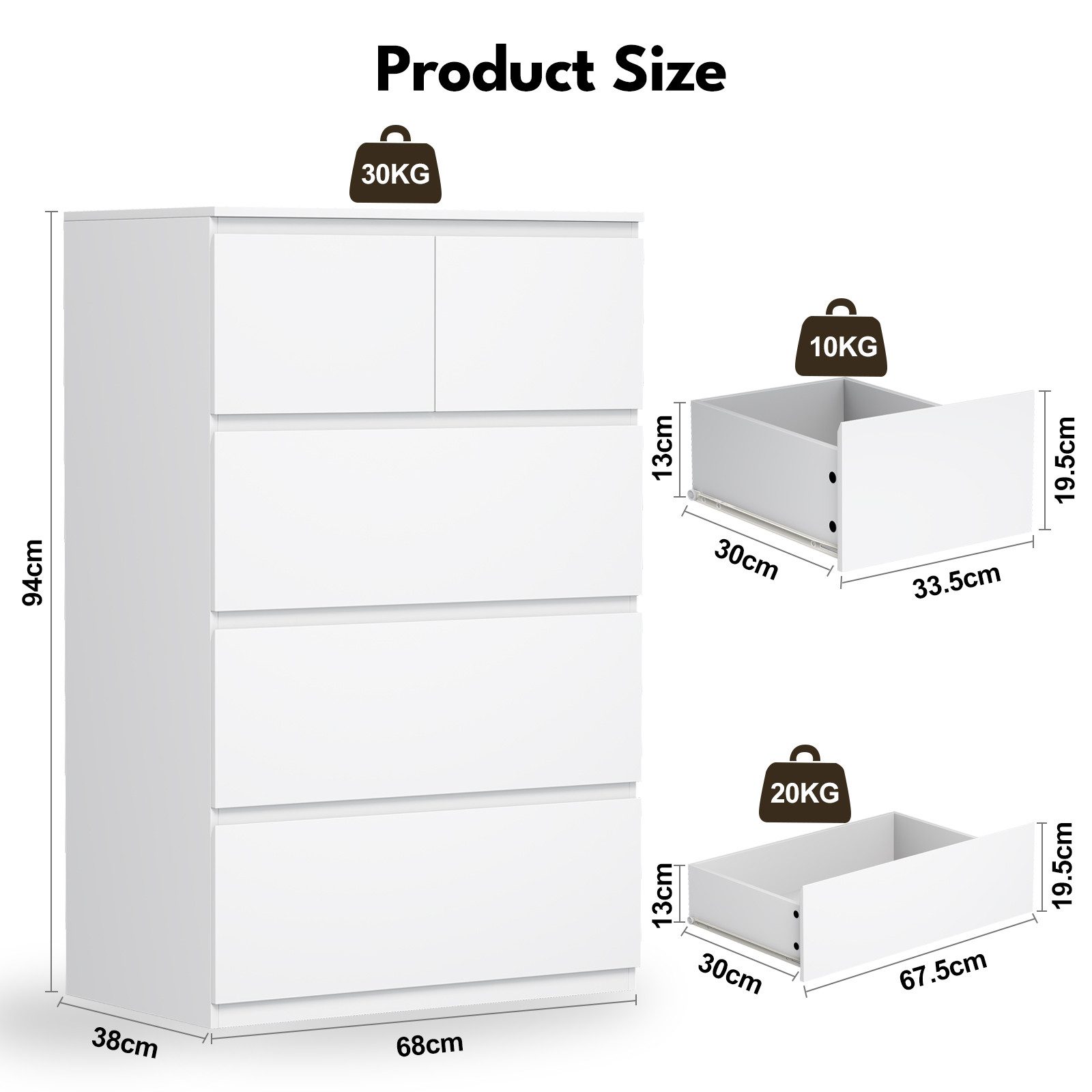 BEWISHOME Kommode mit 5 Schubladen, Sidebord für Flur Schlafzimmer Wohnzimmer (1 St), Maße 68x38x94 cm, griffloses Design aus verdicktem MDF