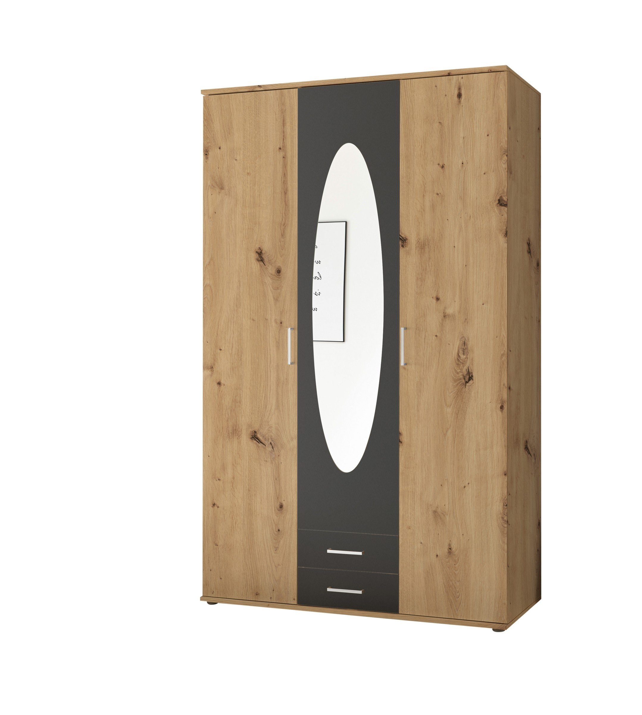 möbelando Kleiderschrank Kassel in Artisan Eiche / Graphit mit 2 Schubladen und 3 Türen
