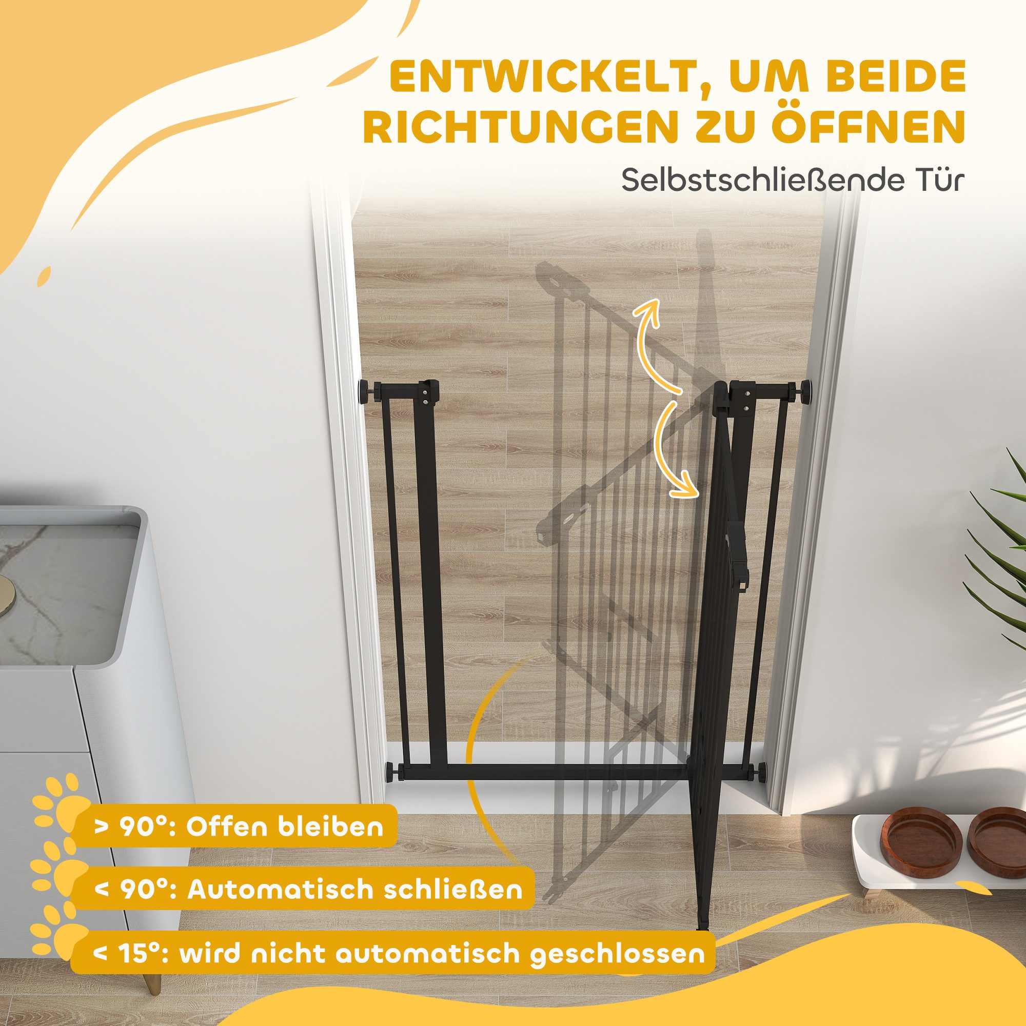 PawHut Hundegitter Türschutzgitter Ohne Bohren mit Auto-Close, Einhand Öffnung (Absperrgitter, 1 St., Türschutzgitter), für Garten, Balkon, Schwarz – Bild 5 von 5