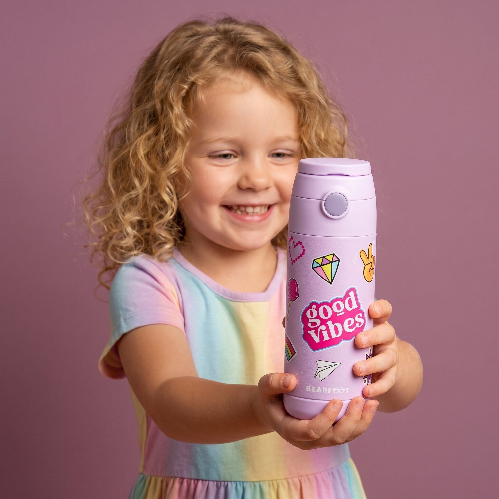 BEARFOOT Trinkflasche Thermo Kinder Trinkflasche Edelstahl - Sticker lila, Thermosflasche, auslaufsicher, Edelstahl, Kinderflasche, BPA-frei – Bild 3 von 5