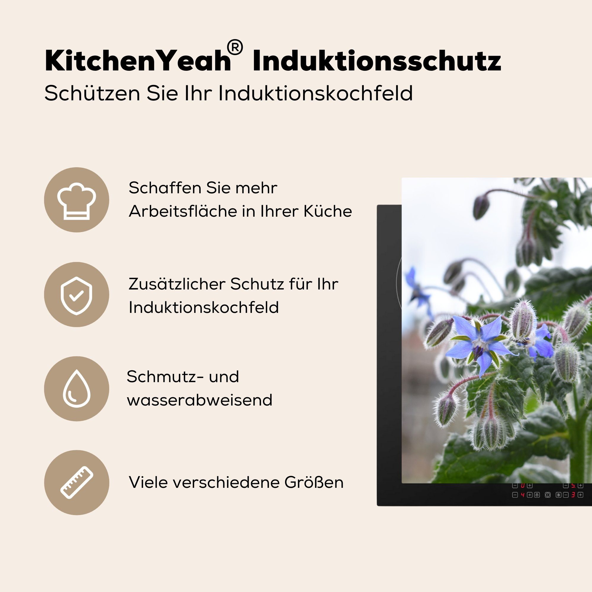 MuchoWow Blühende Natur, in Vinyl, der Herdblende-/Abdeckplatte Induktionskochfeld für küche, die Borretschpflanze (1 cm, tlg), Ceranfeldabdeckung 71x52 Schutz