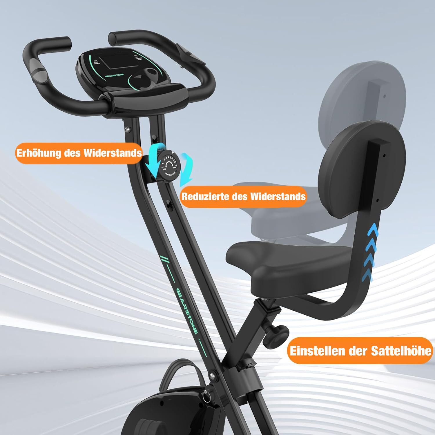 CITYSPORTS Speedbike GEARSTONE Heimtrainer, fitnessbike Klapprad, Indoor-Cycling, X-BIKE, Magnetoresistiv Klasse 8, mit LCD-Display, Pulsüberwachung