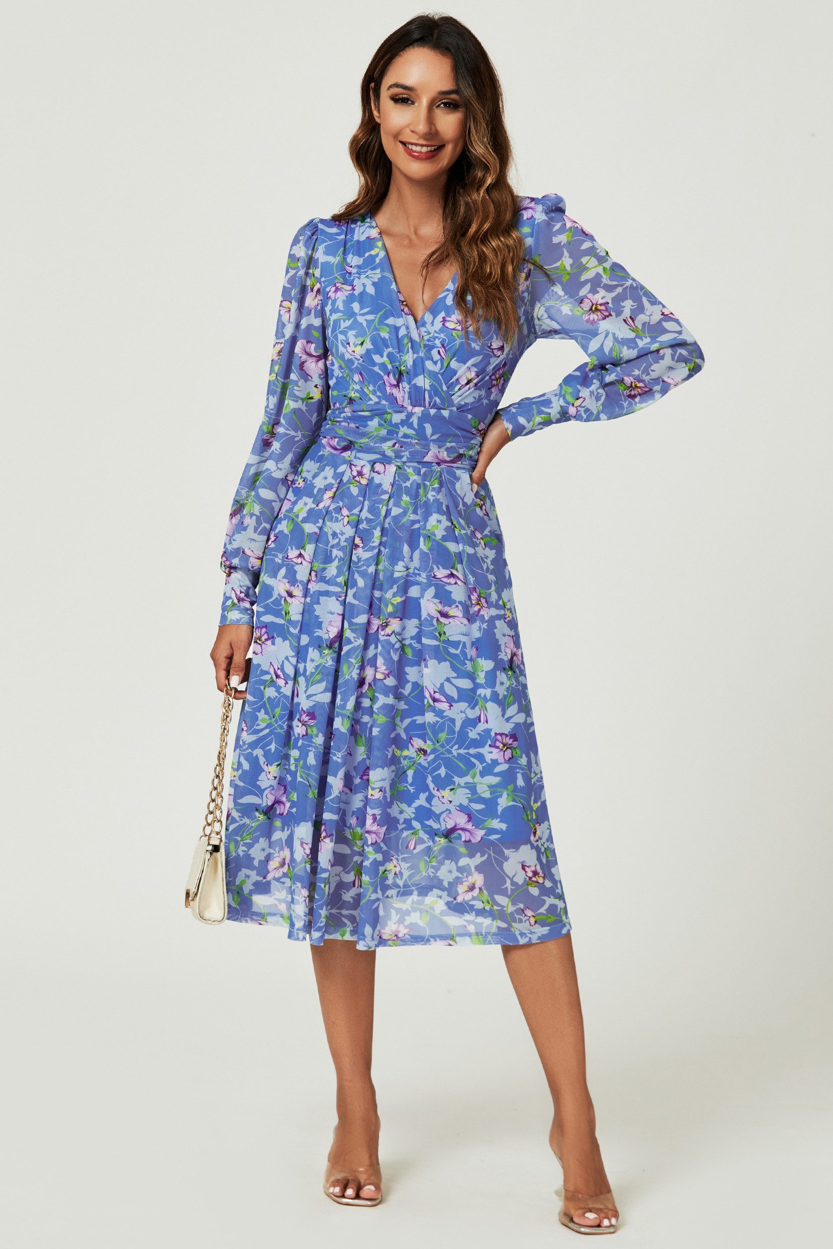 FS Collection Sommerkleid Damen Sommerkleid Midikleid Hellblau Geblümt Langarm Mesh (XS (EU:36 / UK:8) · S (EU:38 / UK:10) · M (EU:40 / UK:12) · L (EU:42 / UK:14) · XL (EU:44 / UK:16) Blumenmuster, Mesh-Einsatz, asymmetrischer Saum, Taschen