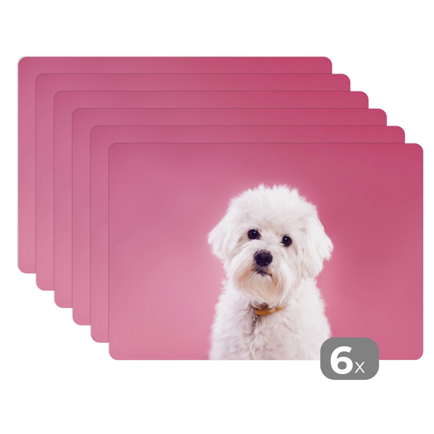 Platzset, Malteser Hund mit rosa Hintergrund, MuchoWow, (6-St), Platzset, Platzdecken, Platzmatte, Tischmatten, Schmutzabweisend