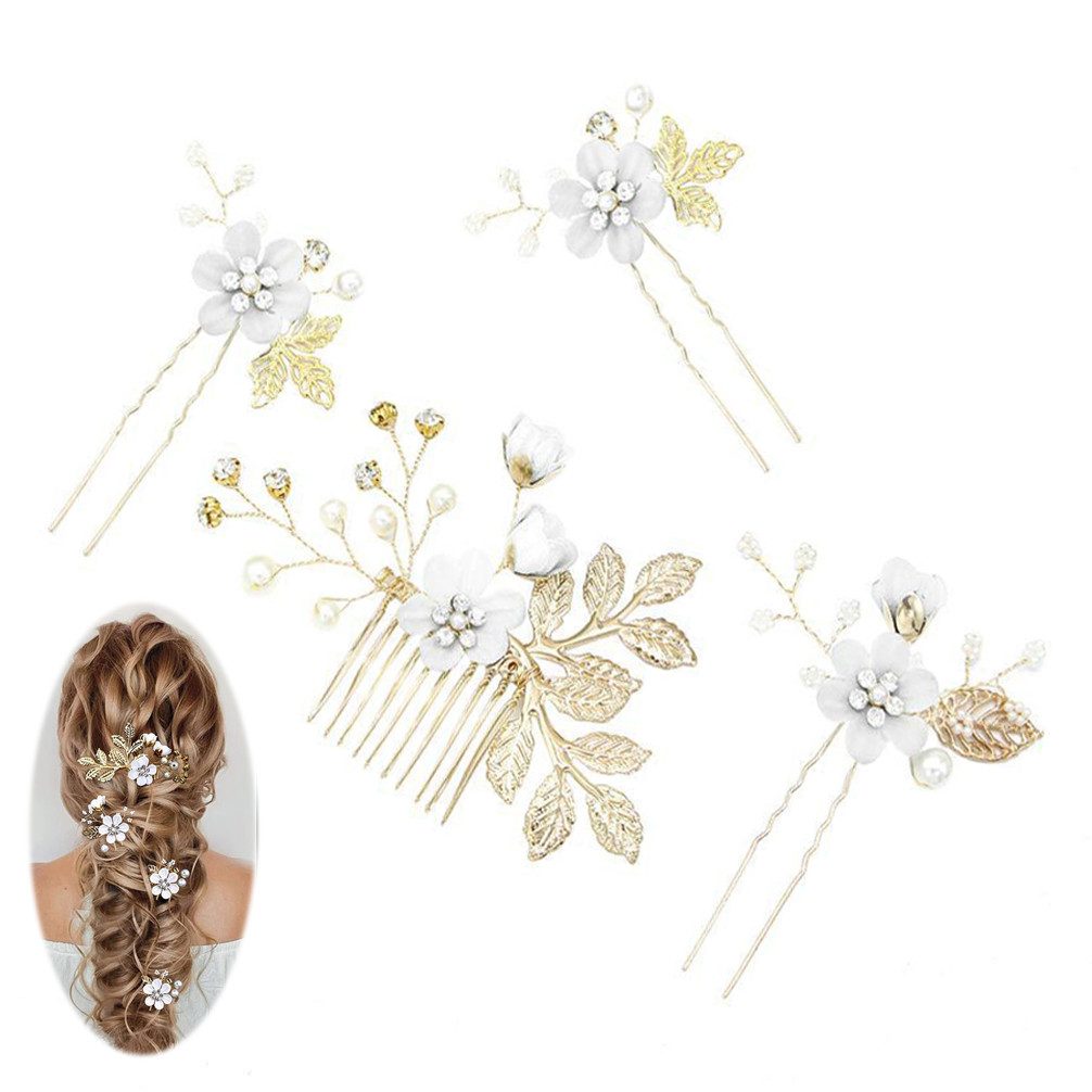 ZEUOPQ Diadem 4-St Haarnadeln Braut Haarschmuck Hochzeit Kopfschmuck Weiß (4-tlg), Haarnadel Diadem Brauthaarnadel