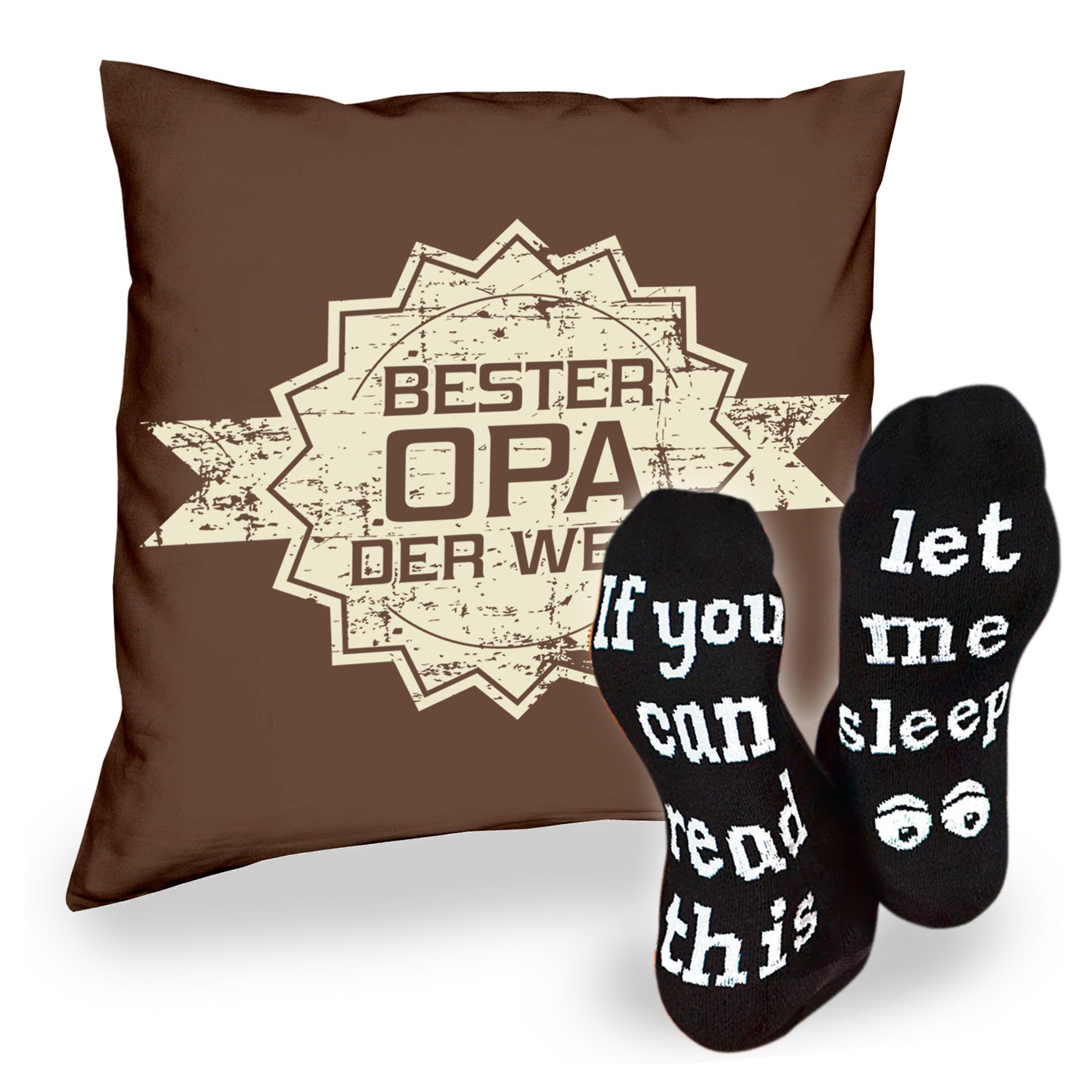 Soreso® Dekokissen Kissen Bester Opa der Welt Stern & Sprüche Socken Sleep, Geschenke Weihnachten Geburtstag Vatertag braun