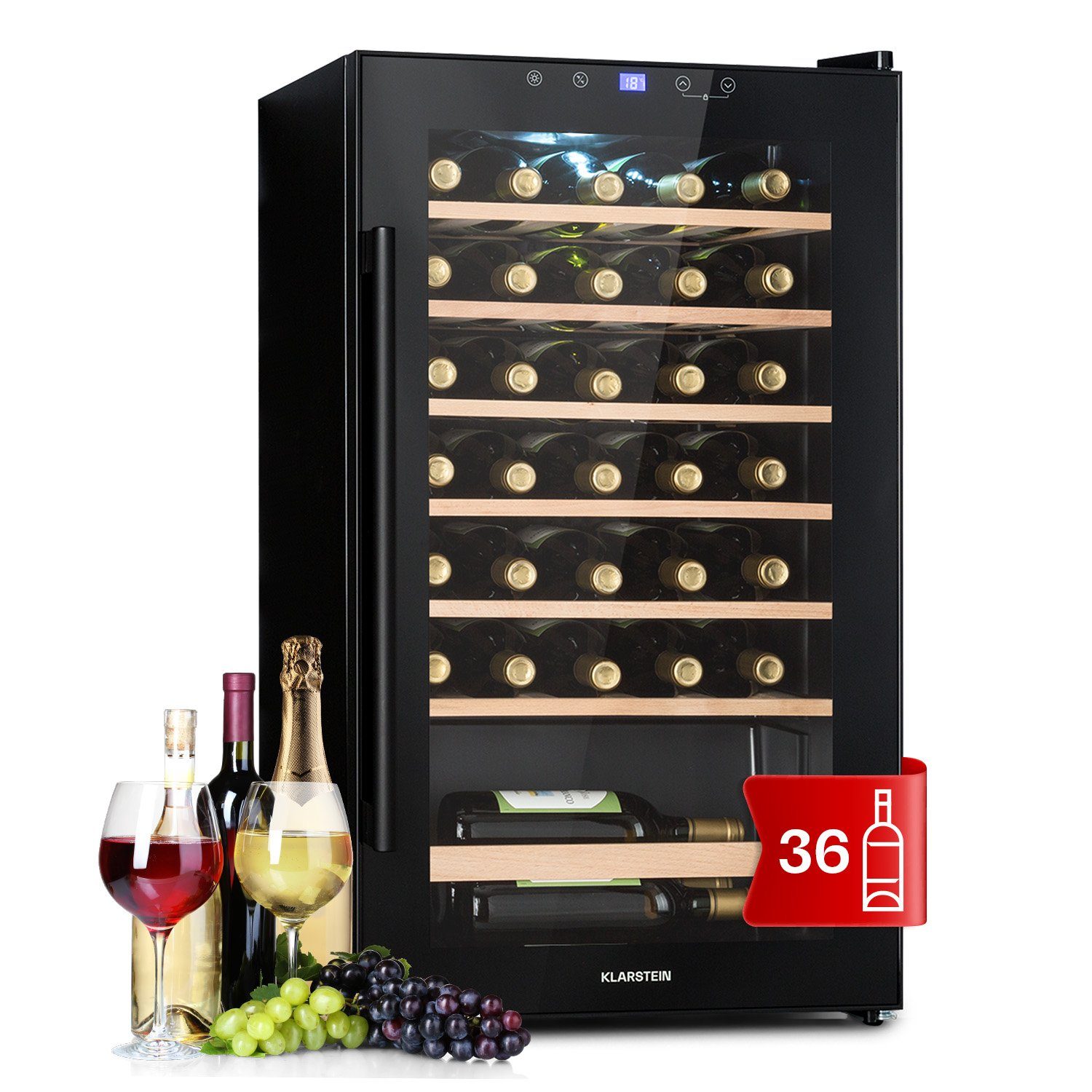Klarstein Weinkühlschrank Barossa 32 Uno Weinkühlschrank 36 Fl 95L 5-18°C Touch LED 6 Holzregale, für 36 Standardflaschen á 0,75l,Flaschenkühlschrank Weintemperierschrank Weinschrank für 36 Flaschen