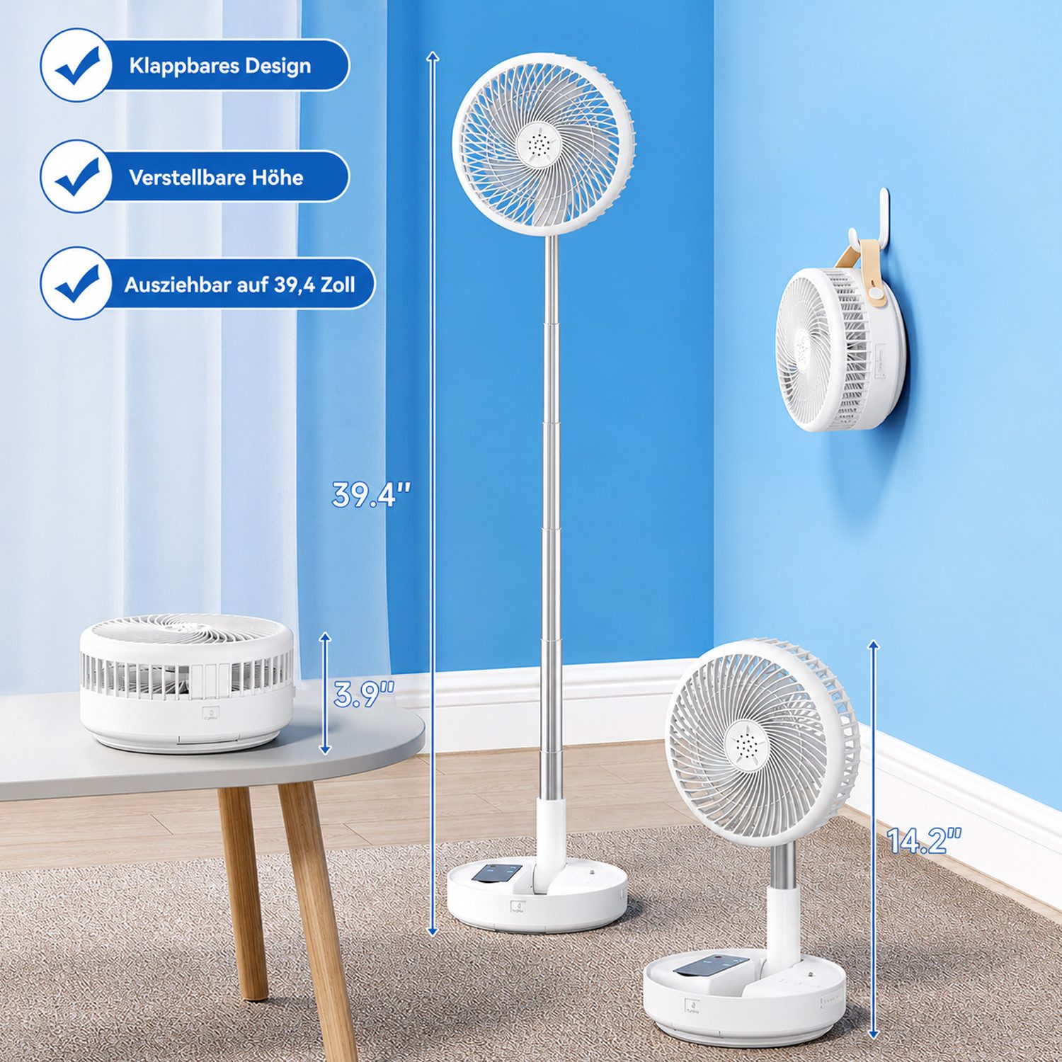 MOPUEA Akku-Standventilator Akku-Standventilator Faltbar Höhenverstellbar Fernbedienung Tragbar, 10400 mAh Akku leise faltbar 90° Schwenkung 8 Std Timer – Bild 3 von 5