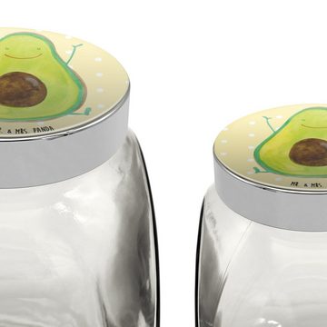 Mr. & Mrs. Panda Vorratsglas XL 2000ml Avocado Glücklich - Gelb Pastell - Geschenk, Juhuu, Müslido, Premium Glas, (1-tlg), Hochwertiger Druck