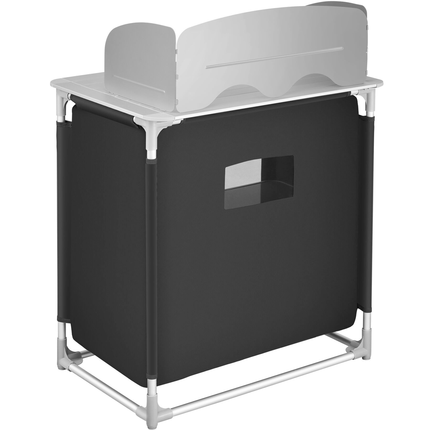 tectake Campingtisch Camping-Klapptisch, Maße: 76 x 53,5 x 107 cm, lässt sich falten (Outdoor-Tisch, 1-St., in schwarz), Wetterfest, mit 2 großen Fächern und Windschutz, mit Tragetasche