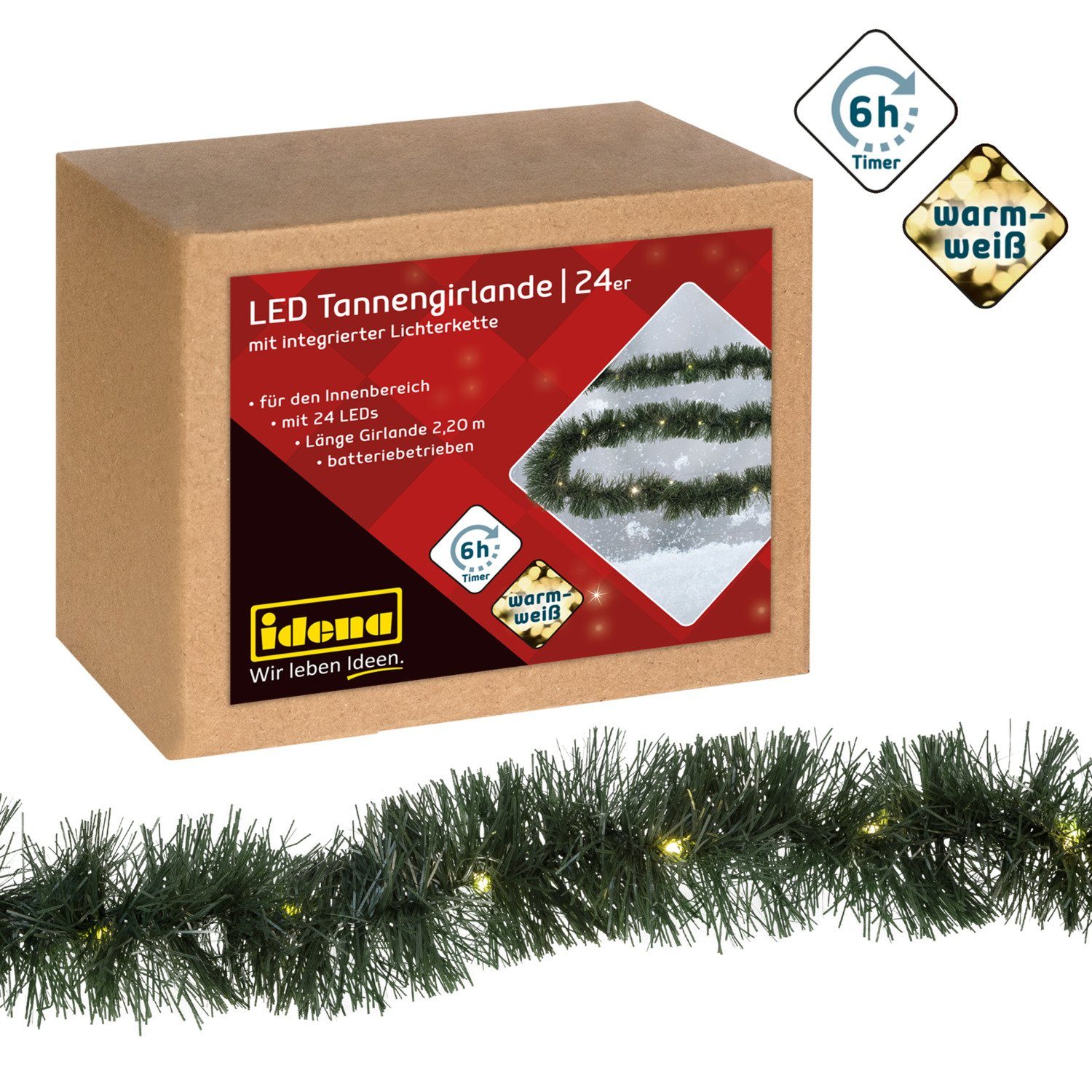 Idena LED-Girlande Idena 31345 - LED Tannengirlande mit 24 LEDs in Warmweiß, mit 6 Stunde