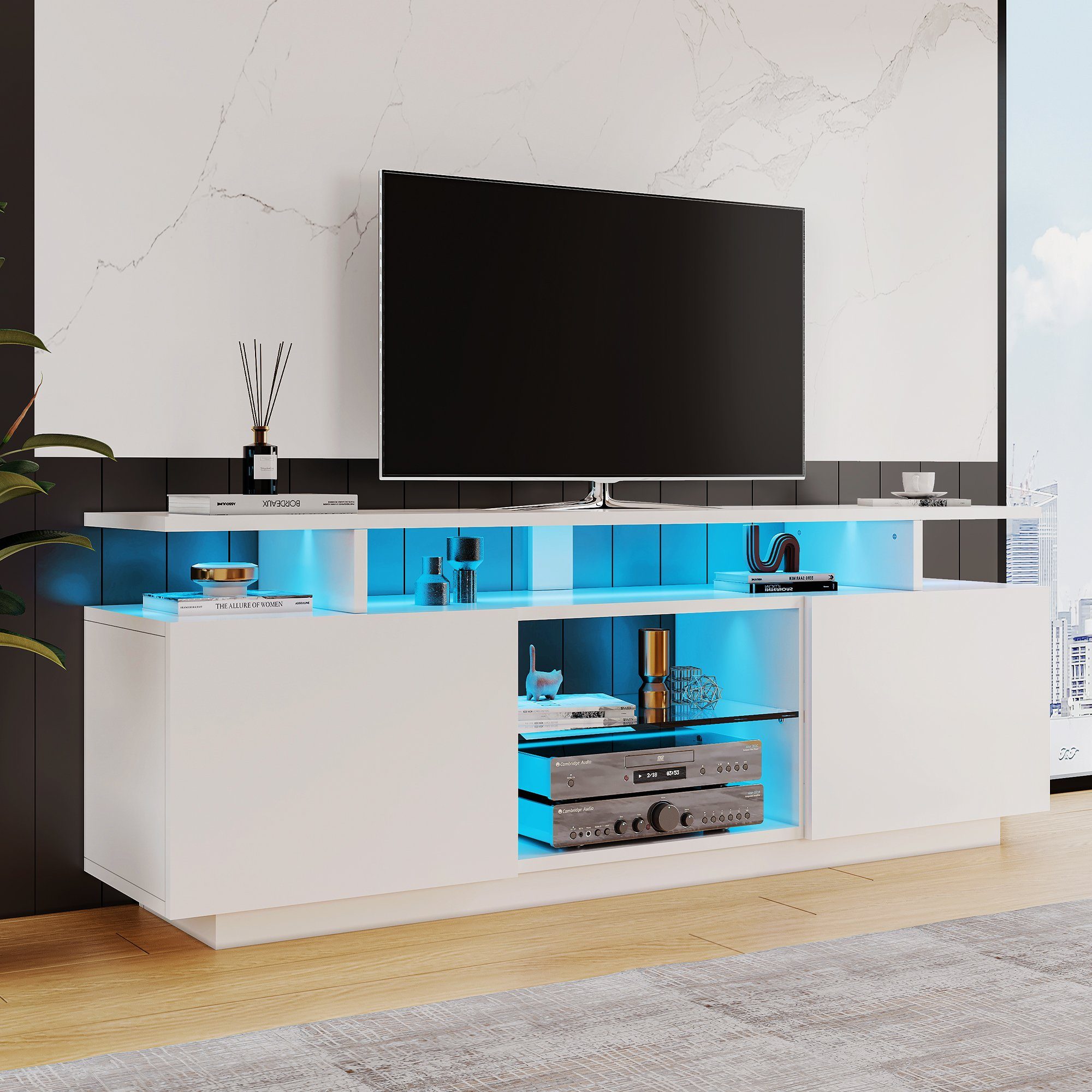 OKWISH TV-Schrank Moderner TV-Schrank weißer mit 16-farbiger LED-Beleuchtung