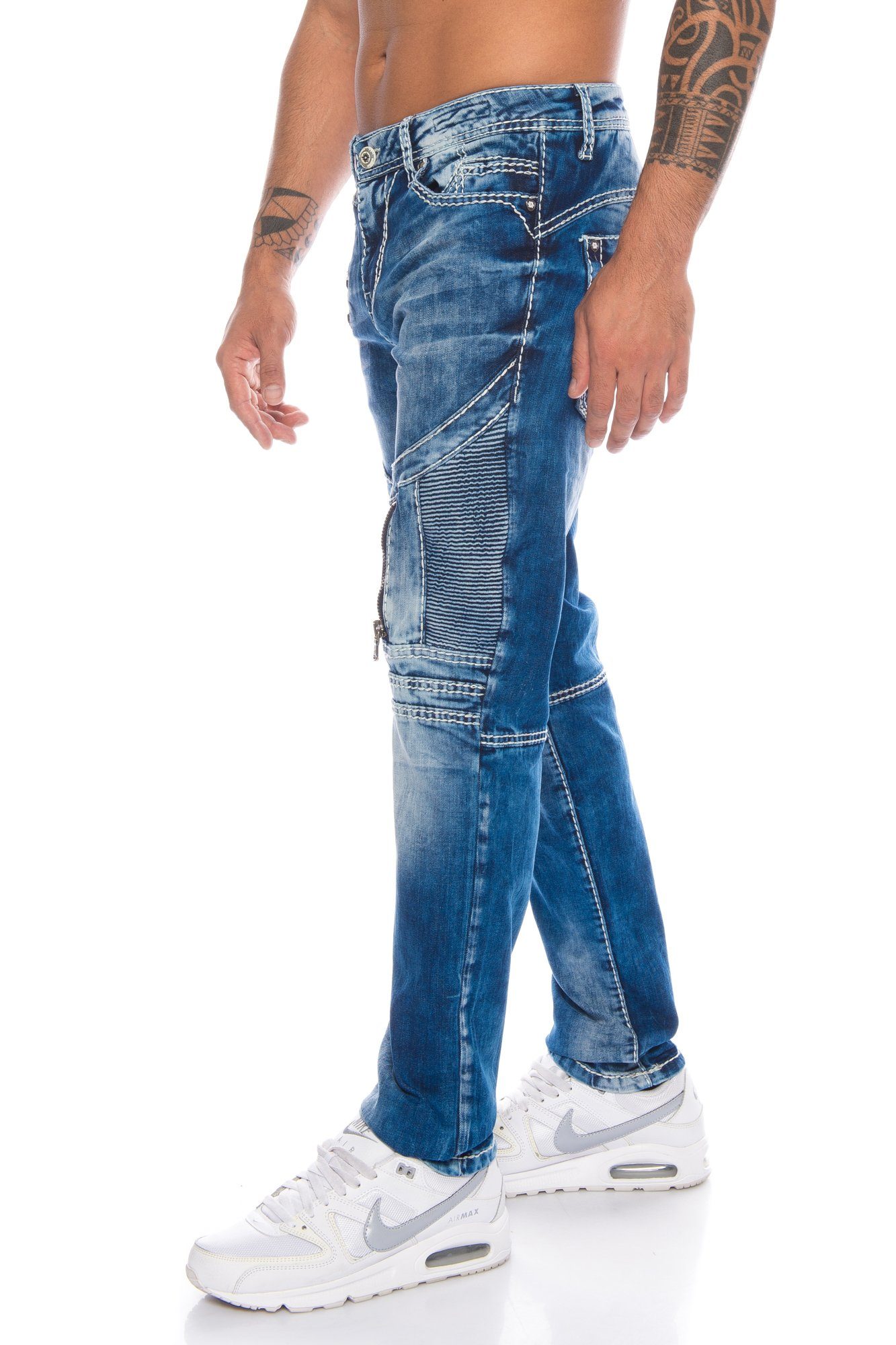 & Slim-fit-Jeans Hose und Jeans Zippern mit weiße Baxx Herren Zierreißverschlüsse Kontrastnähte Cipo Dicke