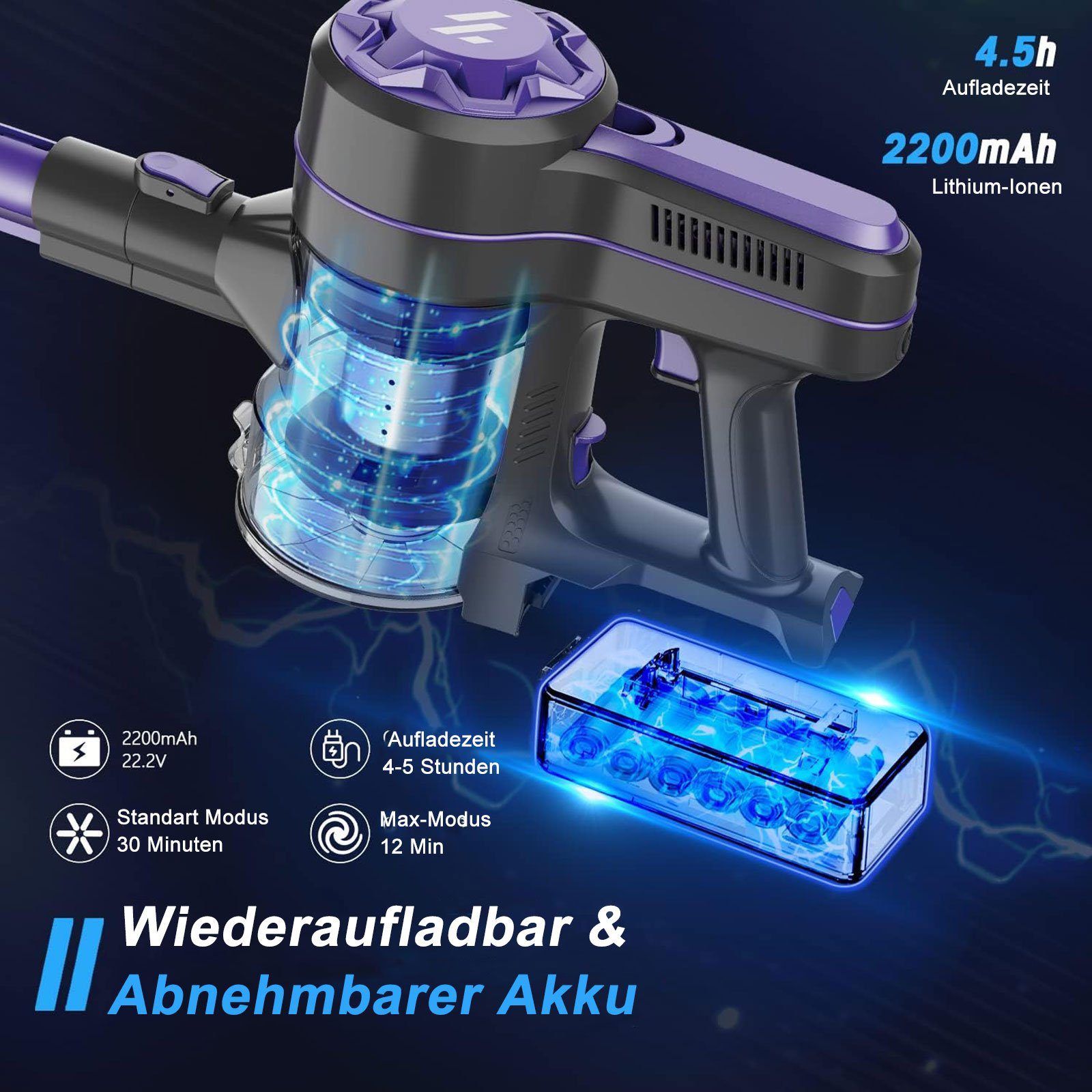 REDOM Akku-Stielstaubsauger Bodenstaubsauger Handstaubsauger Licht 12000Pa LED 2 für in 13200mA-Akku Kabellos Staubsauger 1 Auto Autostaubsauger, Akku + Wohnungen