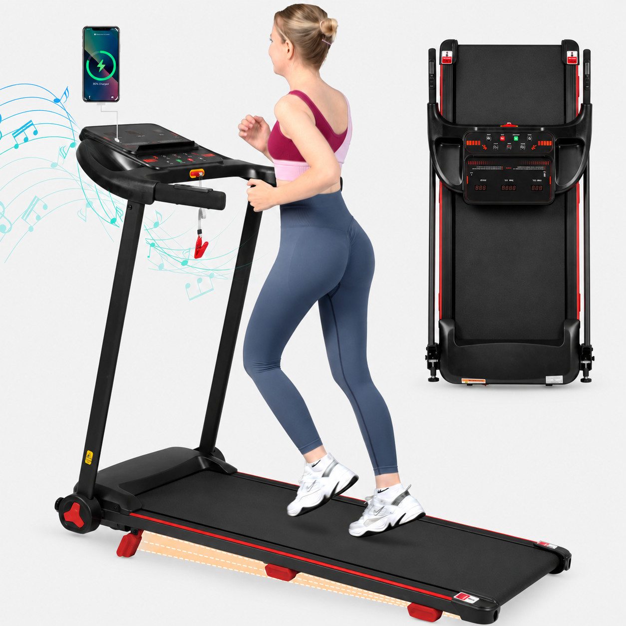 PixelPilot Laufband Laufband klappbar 3,0PS 14 km/h 8%Steigung Bluetooth 120kg Heimtrainer (Einzelgerät), Klappbar, Bluetooth, USB, Stoßdämpfung, Sicherheitschlüssel