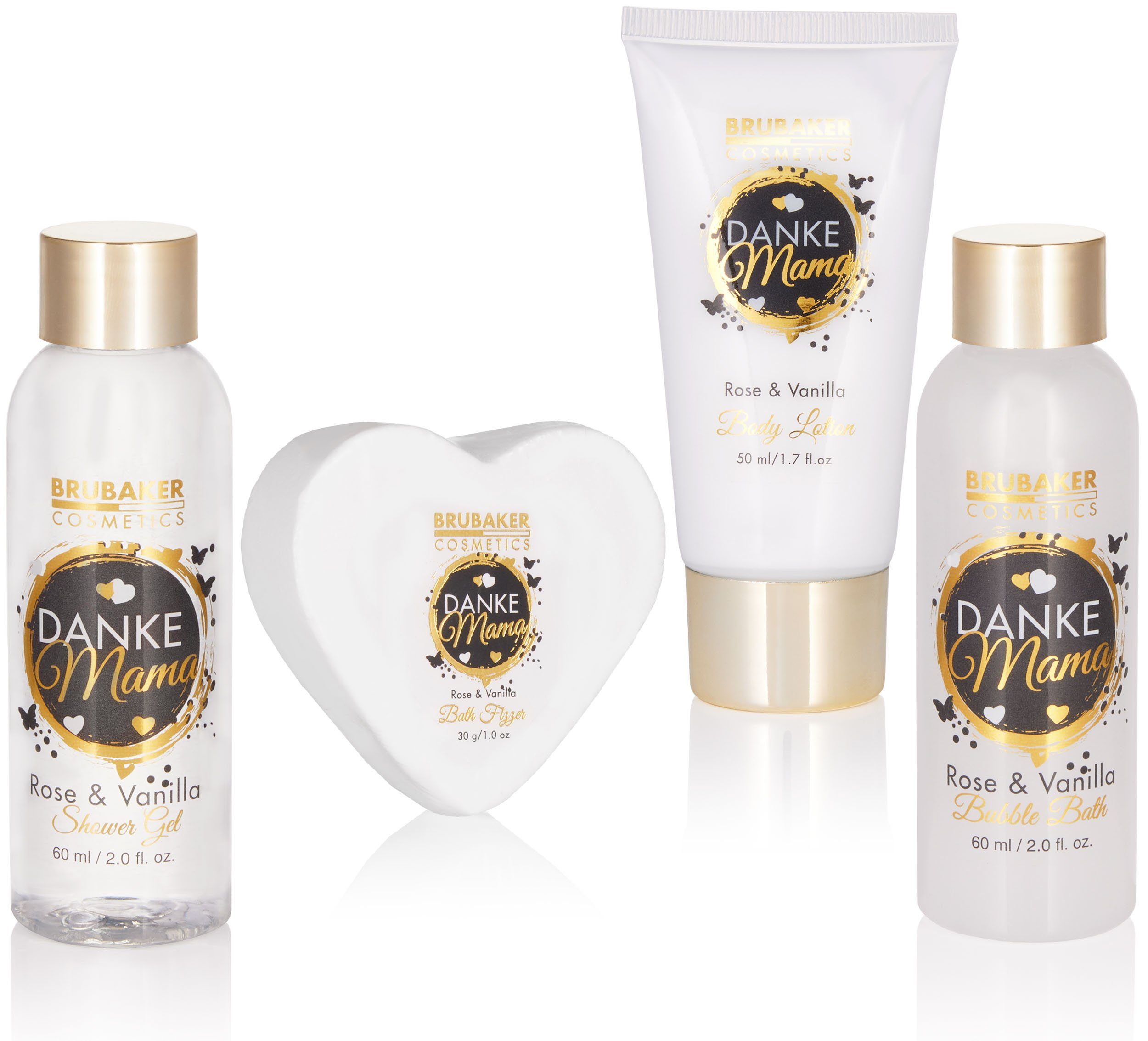 BRUBAKER Pflege-Geschenkset Danke Mama - Dusch- und Badeset mit Rosen Vanille Duft, 5-tlg., Mutter Geschenkset in Kaffeetasse mit Herz Dekor - Weiß Gold