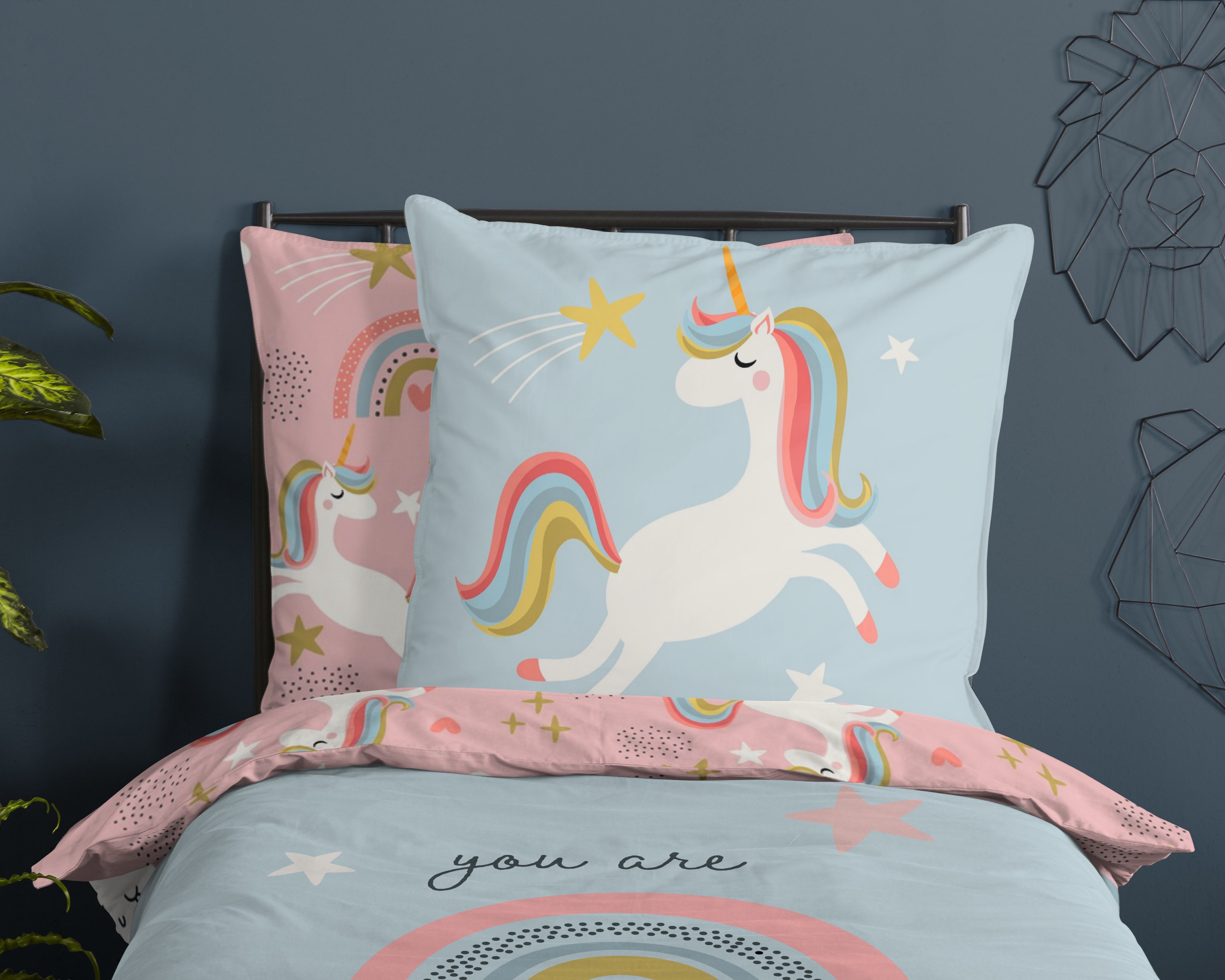 good morning Kinderbettwäsche Suus, Renforcé, 2 teilig, Baumwolle, Renforcé, Baby, Kind, Mädchen, Einhorn, Regenbogen, Rosa – Bild 3 von 4