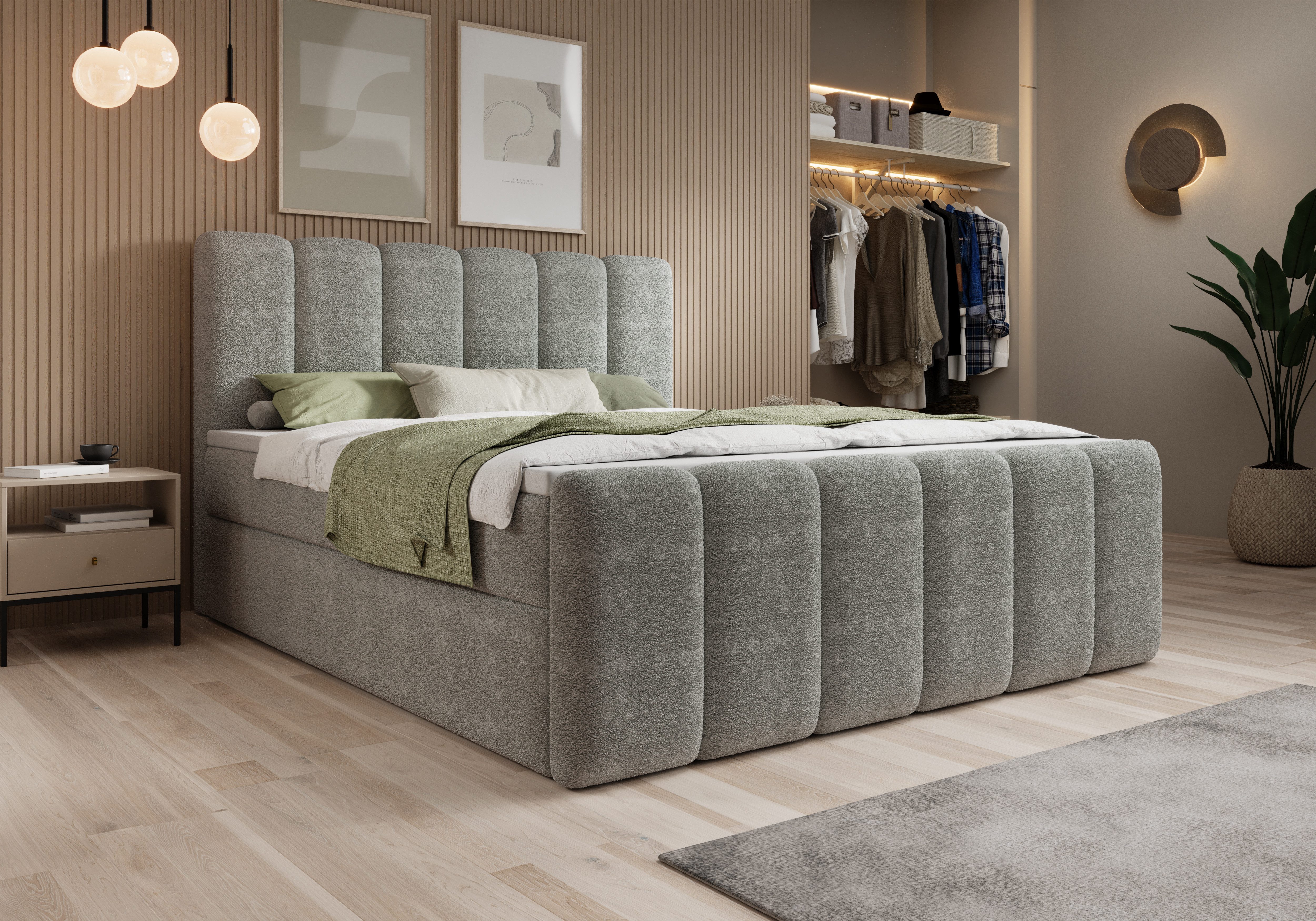 thematys Boxbett mit Bettkasten 140x200–200x200 cm – Velours oder Bouclé Bezug – (Polsterbett Bonnellfederkern Matratze H3 + Gratis 3cm Topper, Boxbett - Luxus Doppelbett mit Stauraum)