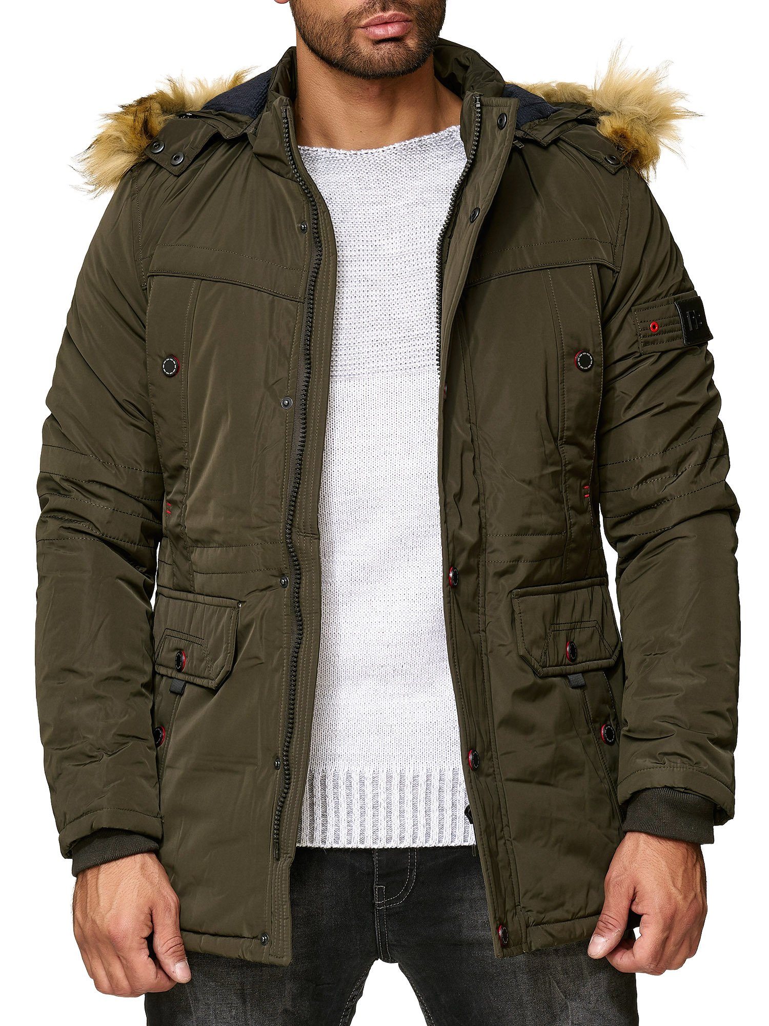Reslad Winterjacke Herren Jacke Winter-Jacke Herren-Parka Kapuzen-Jacke Fell-Kragen Anora warme gesteppte Jacke mit Kapuze