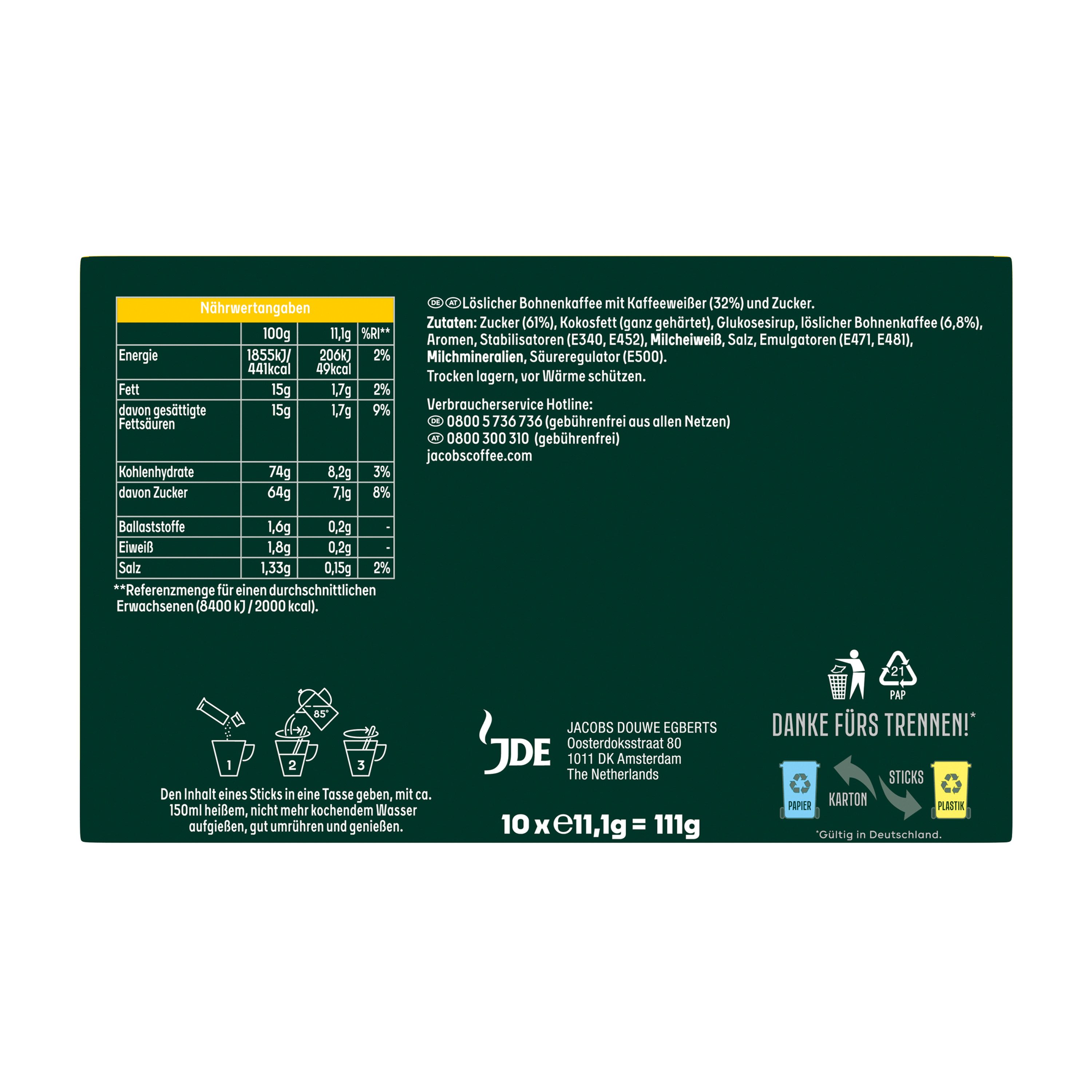 JACOBS Kaffee Löskaffee 3in1 MILD Instantkaffee 12 x 10 Sticks = 120 Getränke, 1332 g, (Packung, 12er Pack) – Bild 3 von 5