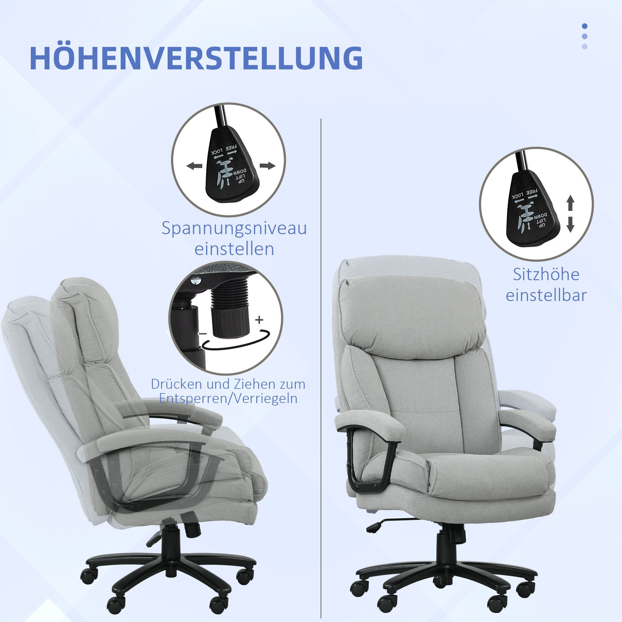 HOMCOM Bürostuhl Chefsessel mit Hoher Rückenlehne, Wippfunktion, Schreibtischstuhl (Set, 1 St), Belastbar bis 200 kg, hoher Rücken – Bild 5 von 5