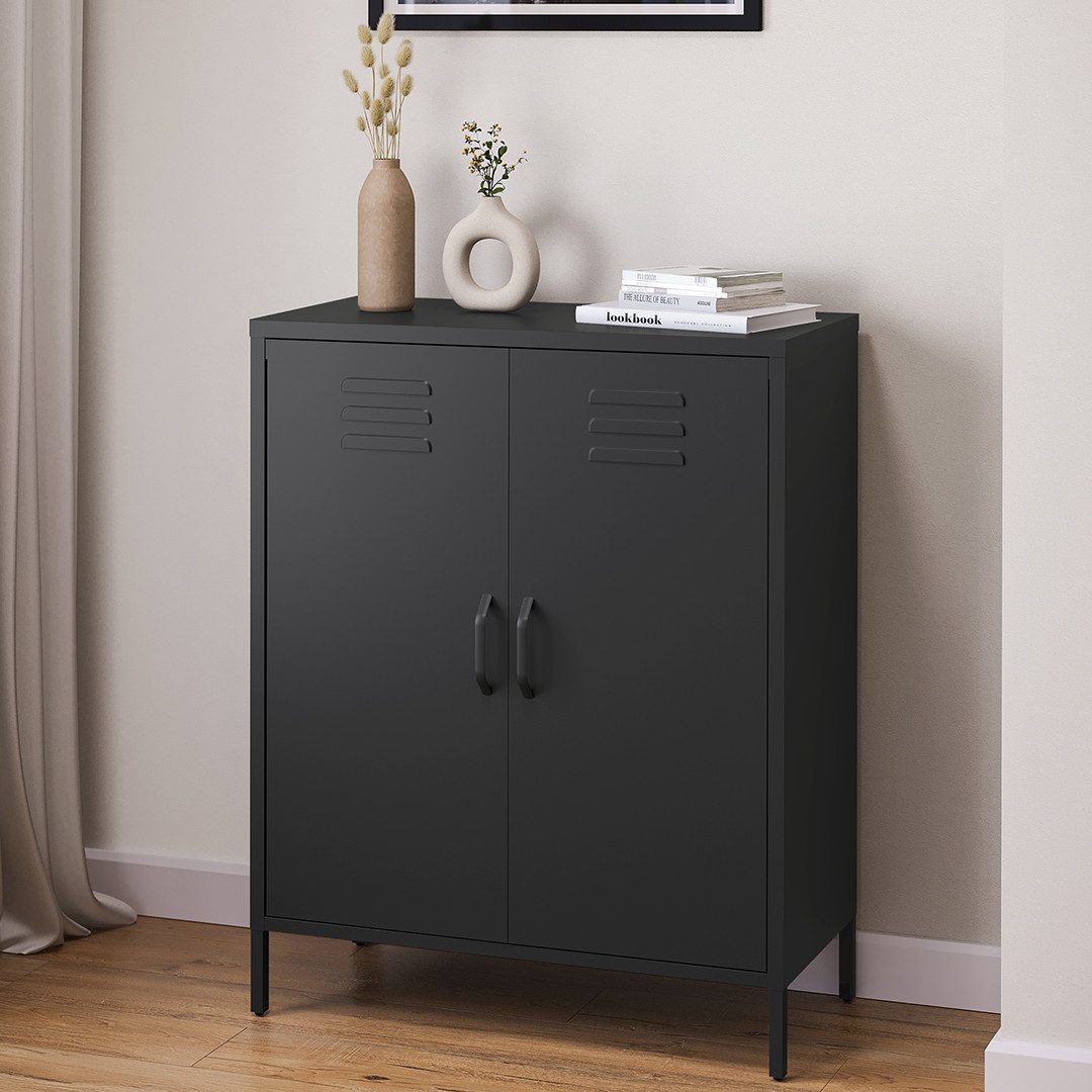skølm Kommode Atria aus Metall, Highboard mit höhenverstellbaren Böden (Schwarz, 3 Fächer), auch verfügbar mit Schubladen