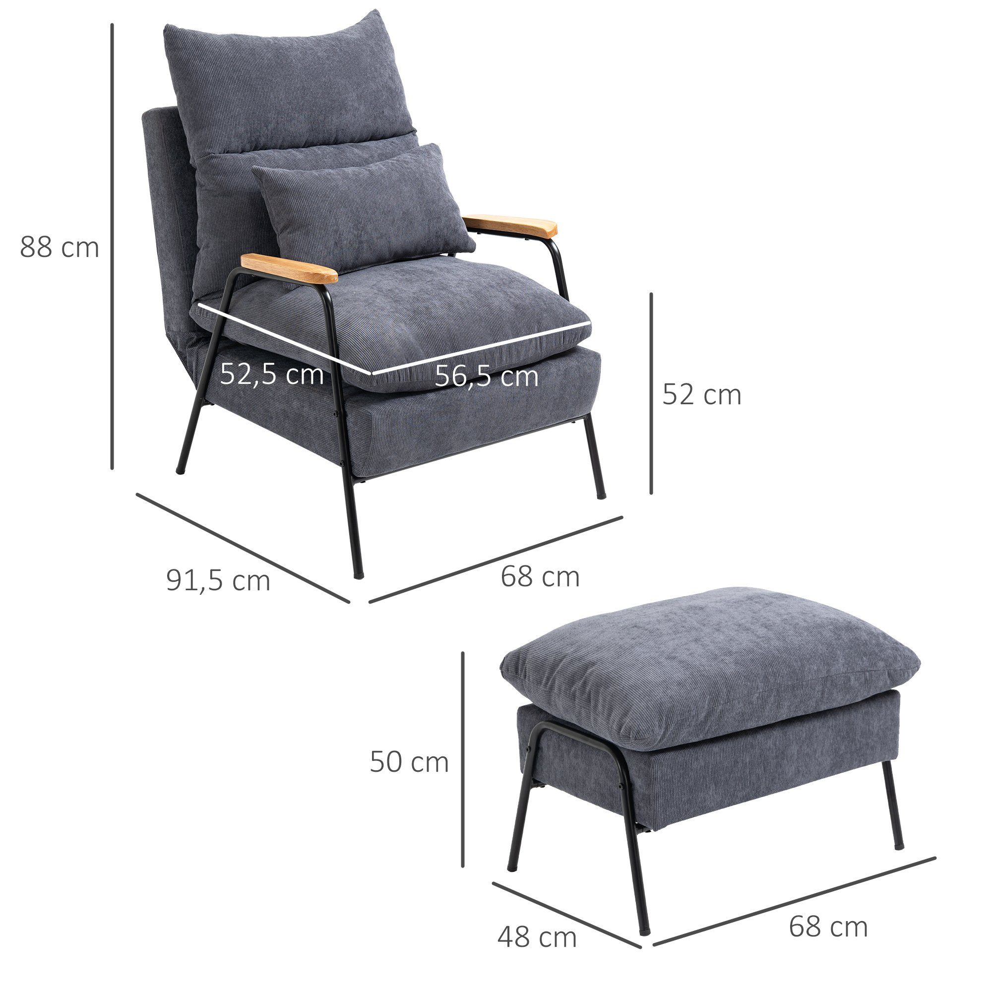 108 Relaxsessel 1 Liegefläche x 88 (Sessel 68 Kissen, cm mit Ohrensessel; cm, 91.5 Hocker), Grau x mane, 1 Grau HOMCOM | cm 2-St., inkl. Grau