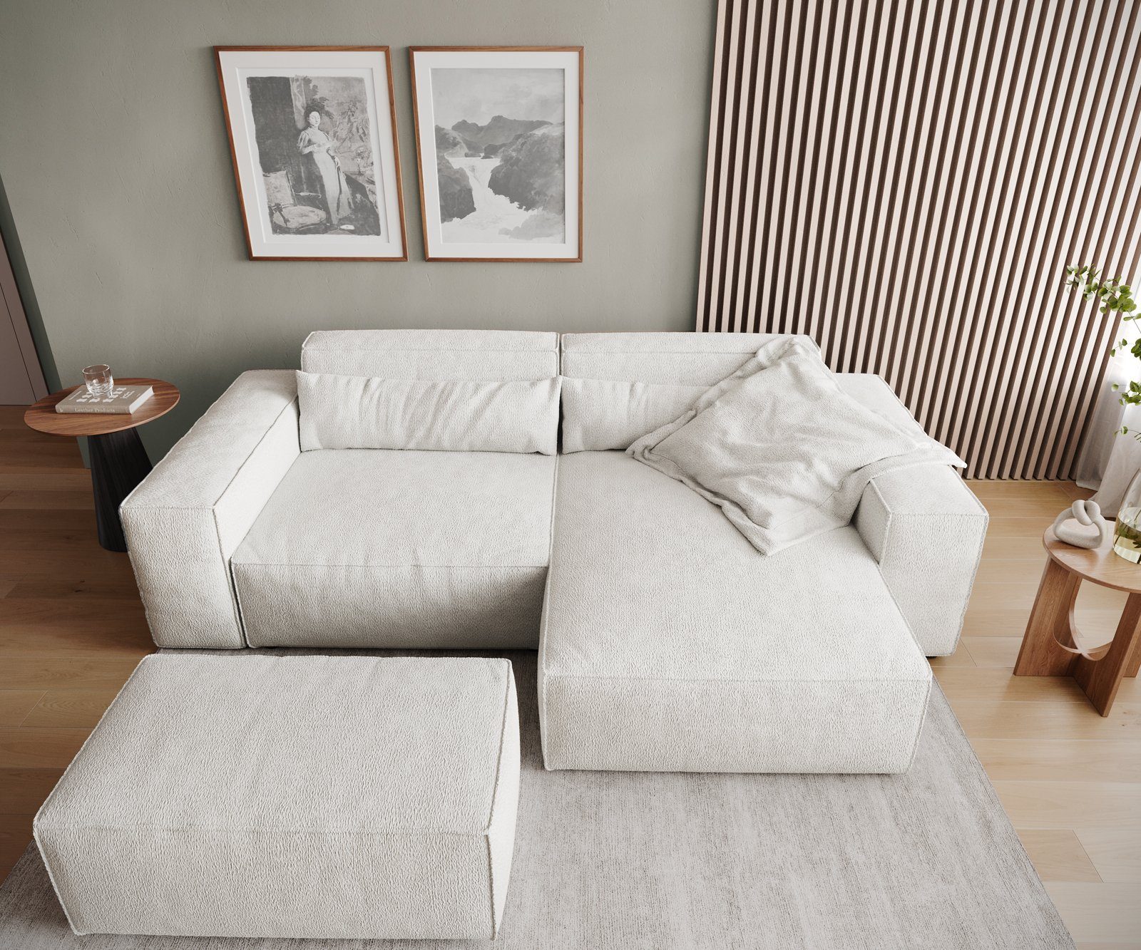 260x160 L Sirpio, mit Creme-Weiß Hocker Bouclé variabel cm DELIFE Big-Sofa Recamiere