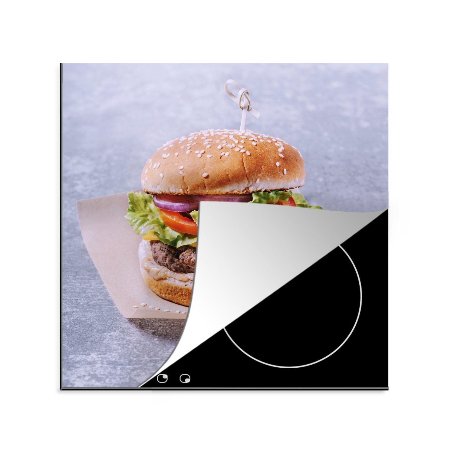 MuchoWow Herdblende-/Abdeckplatte Handwerklich hergestellter Hamburger auf einem Stück Papier, Vinyl, (1 tlg), 78x78 cm, Ceranfeldabdeckung, Arbeitsplatte für küche