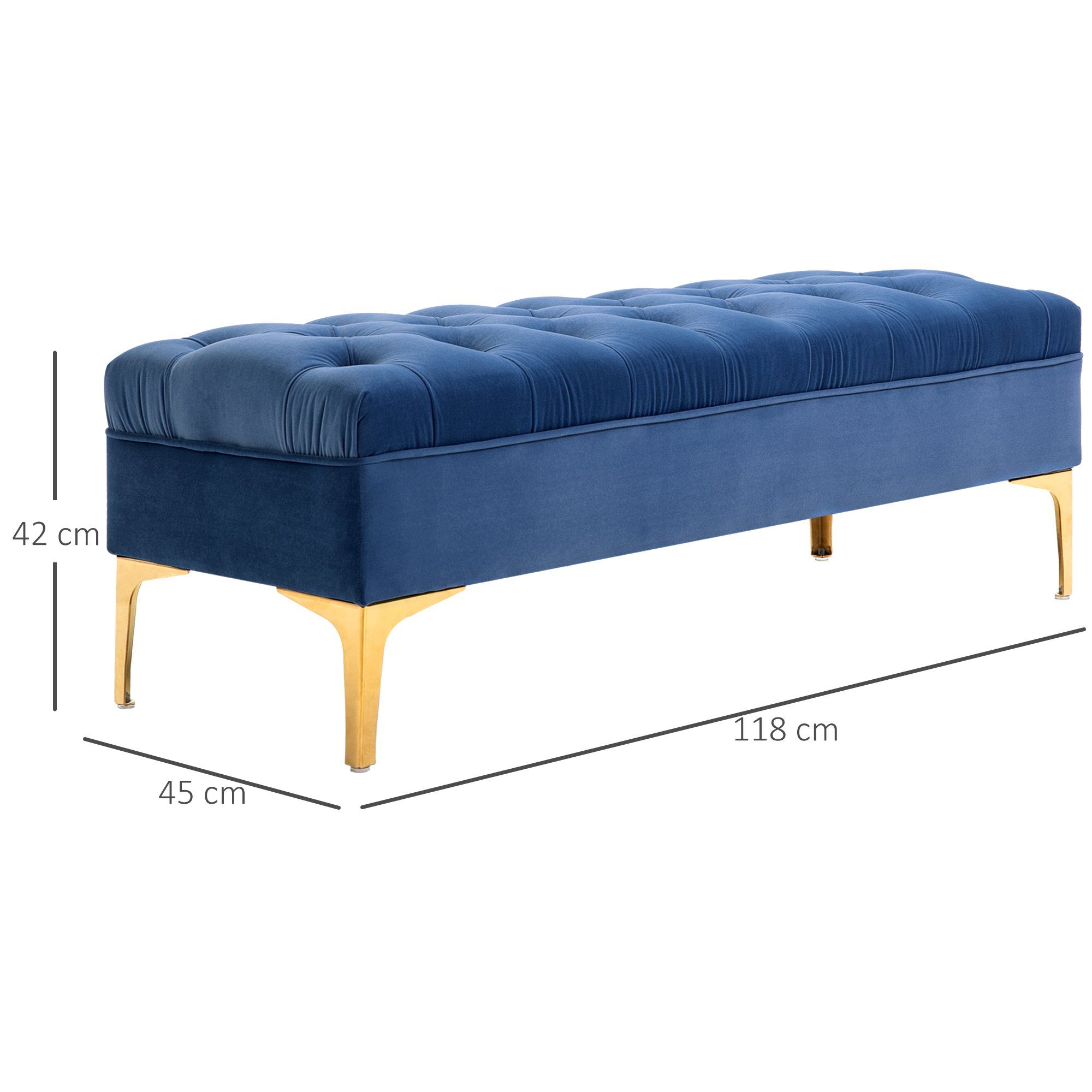 Beine Sitzbank | Polsterbank gold HOMCOM blau, mit gold erhöhten Schlafzimmer Blau 1-St., Sitzbank (Set, Bettbank Schuhbank Sitzottomane), Samt blau,