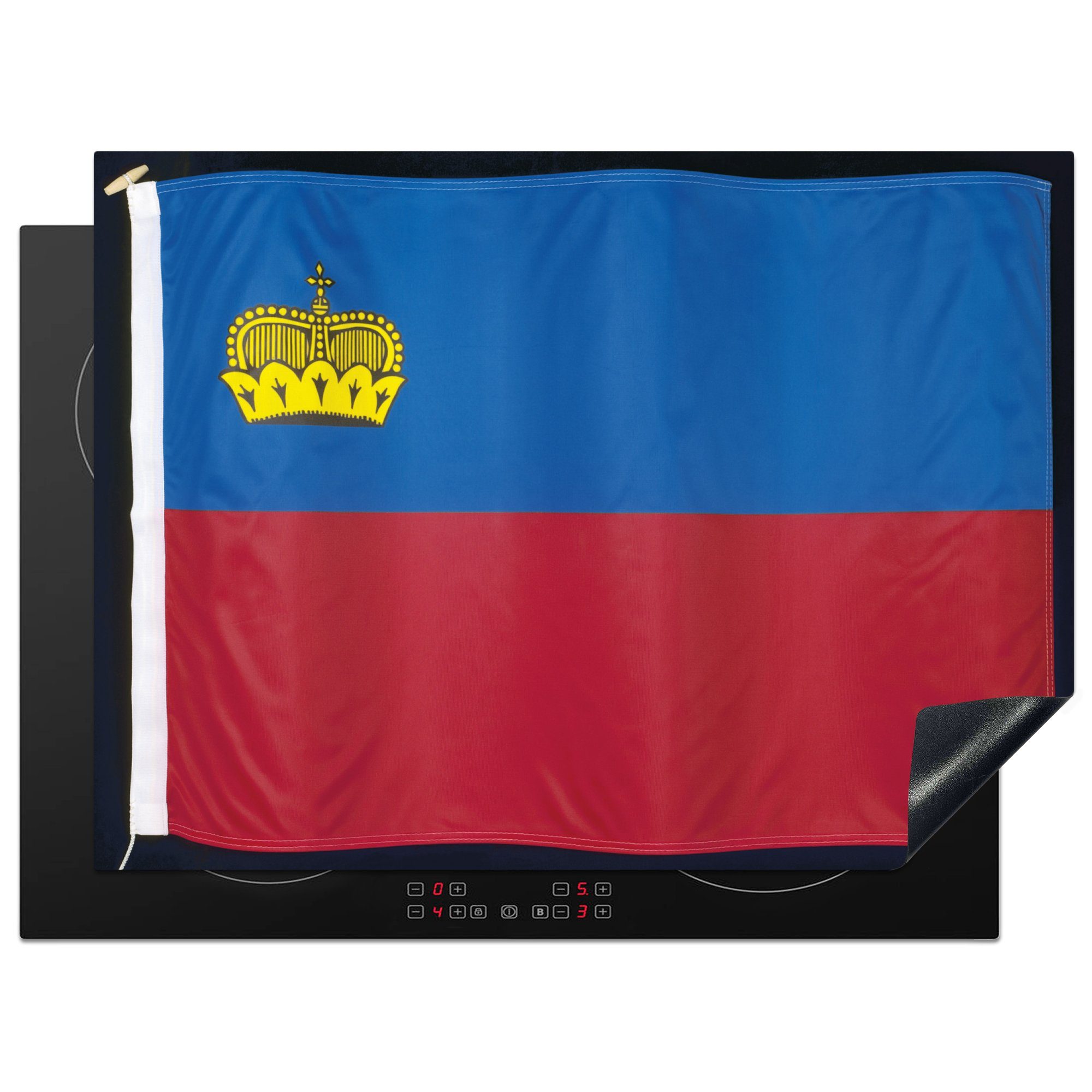 MuchoWow Herdblende-/Abdeckplatte Nahaufnahme der Flagge von Liechtenstein auf schwarzem Hintergrund, Vinyl, (1 tlg), 71x52 cm, Induktionskochfeld Schutz für die küche, Ceranfeldabdeckung