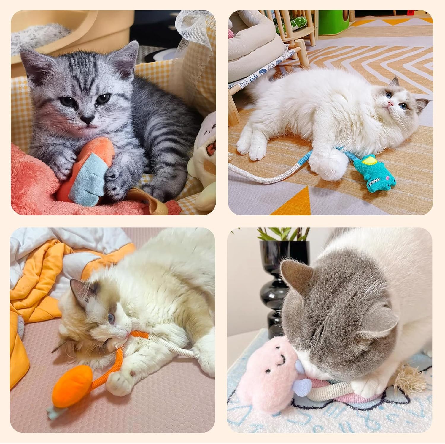 FOUORTUNATE-BEE Tier-Beschäftigungsspielzeug 3er Set Katzen-Kauspielzeug mit Katzenminze, Zahnreinigung, Bunte Katzenspielzeuge aus Baumwollseil gegen Zahnbelag